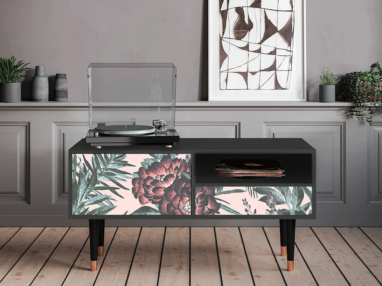 Mueble de TV - 115х59х48 cm - T3 - Peach Peonies, Antracite