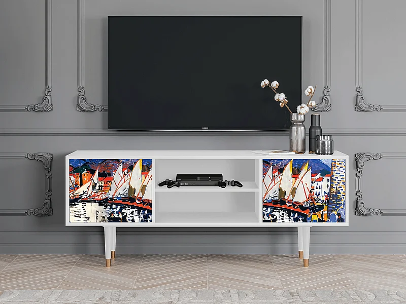 Szafka RTV - 170х69х48 cm - T2 - Le Séchage des voiles , Biały