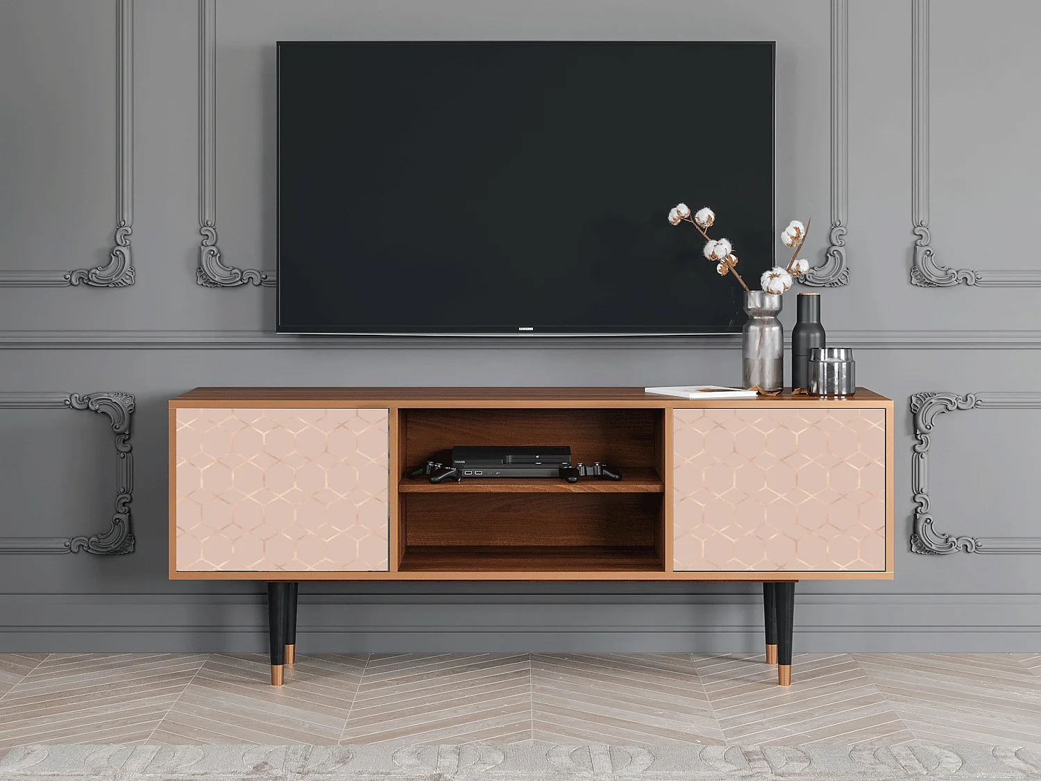 Meuble TV - 170х69х48 cm - T2 - Rose Honeycomb, Noyer