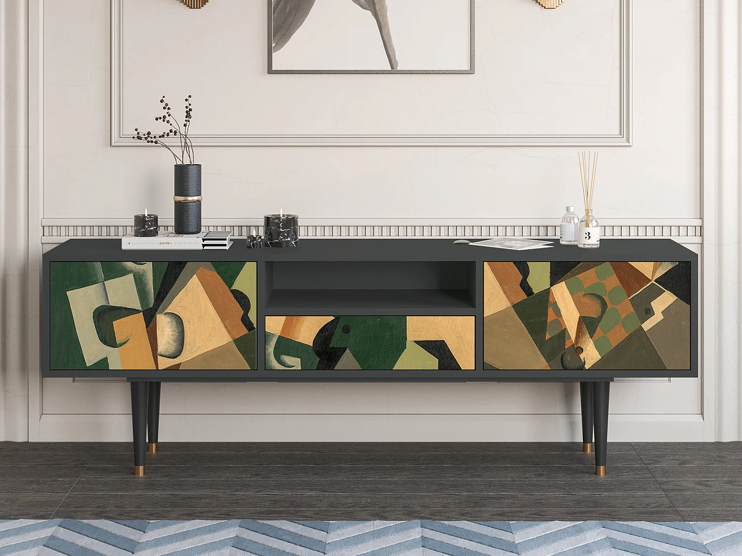 Meuble TV - 170х59х41 cm - T6 - Glass and Checkerboard, Anthracite