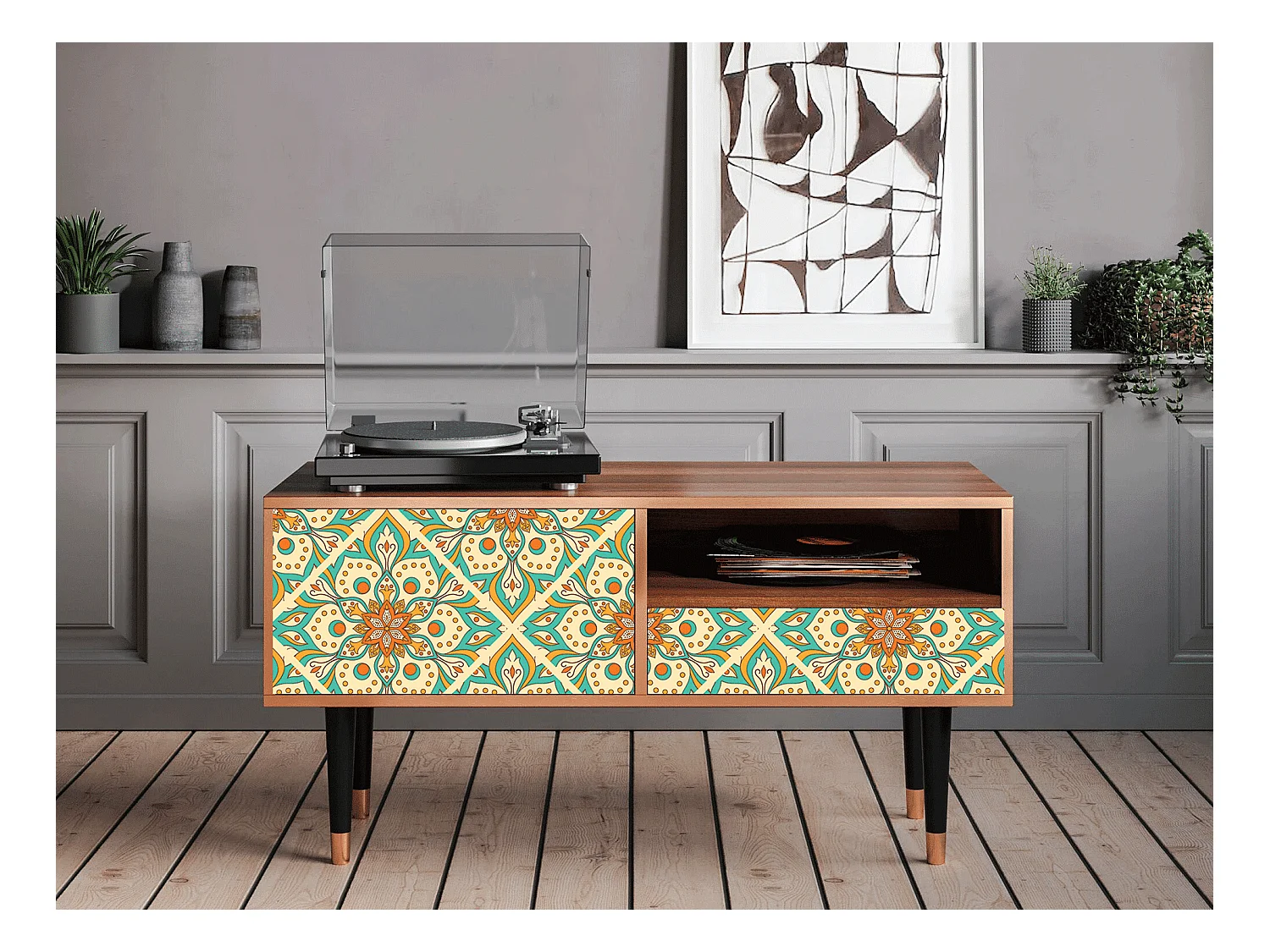 Meuble TV - 115х59х48 cm - T3 - Hindu Daisy, Noyer