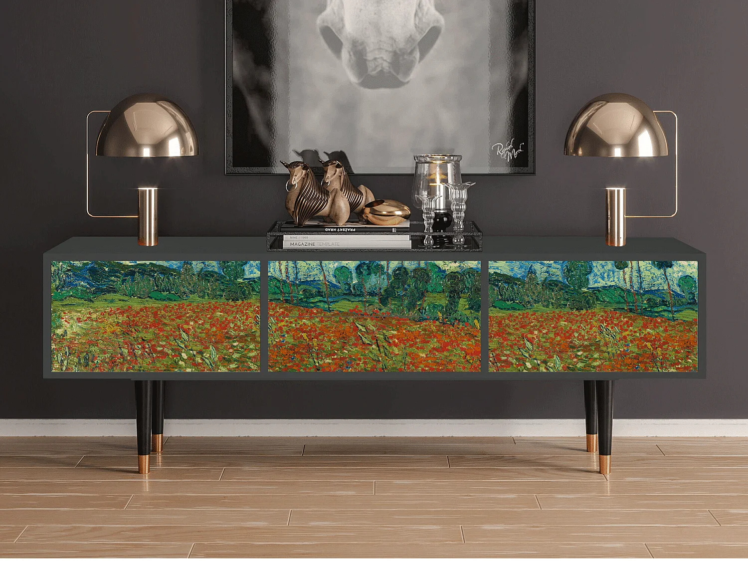 Szafka RTV - 170х59х48 cm - T4 - Poppy field by van Gogh, Antracyt