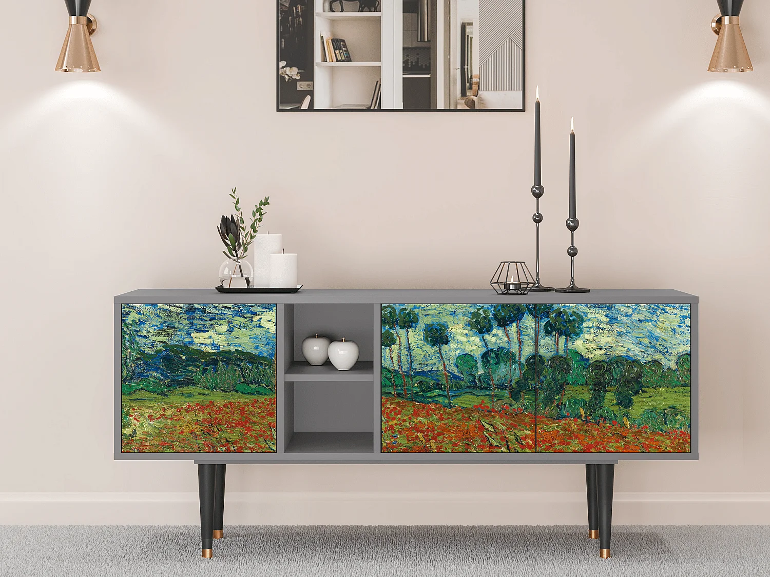 Mueble de TV - 150х69х41 cm - T5 - Poppy field by van Gogh, Gris