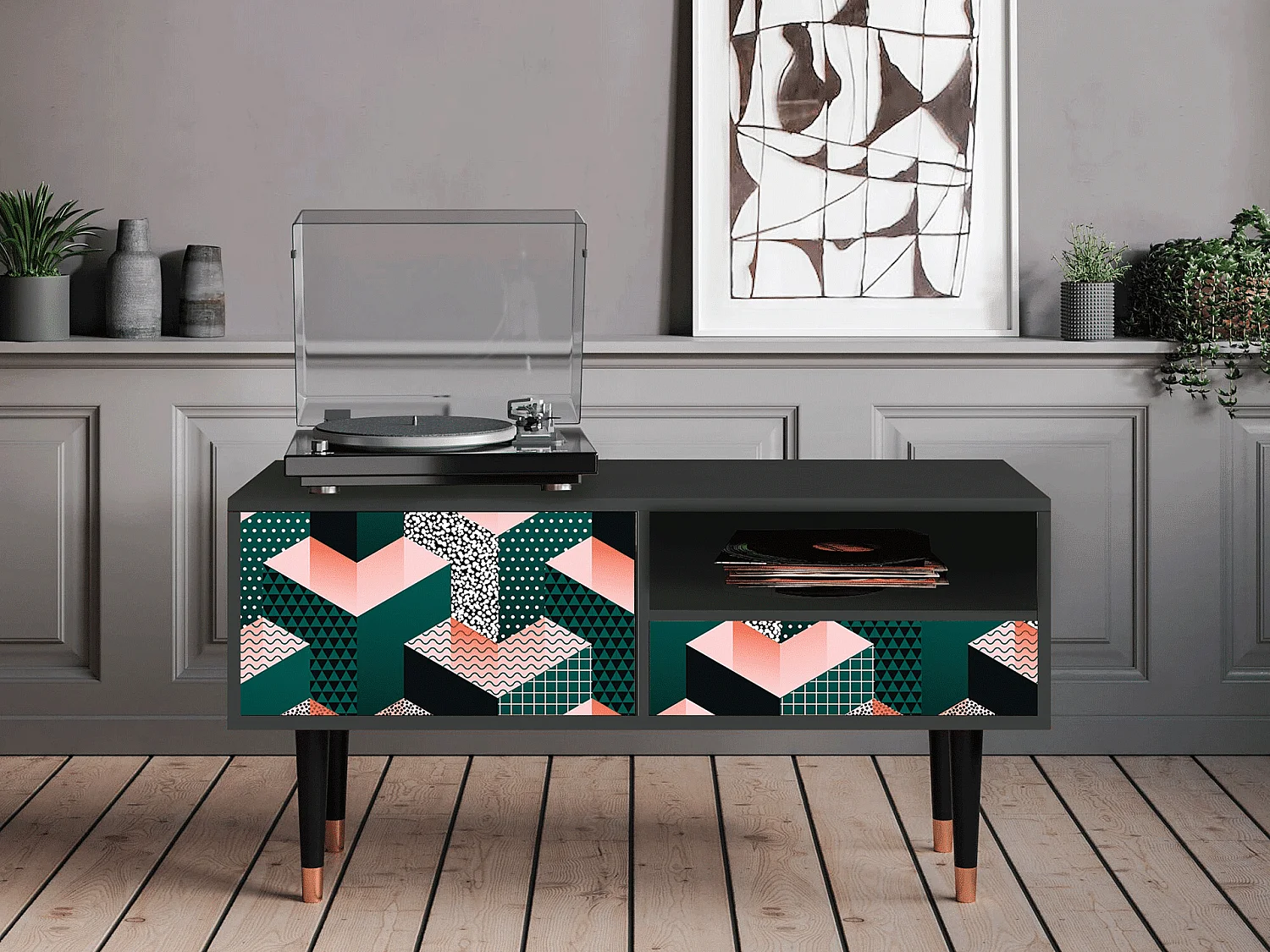 Mueble de TV - 115х59х48 cm - T3 - Geometric Madness, Antracite