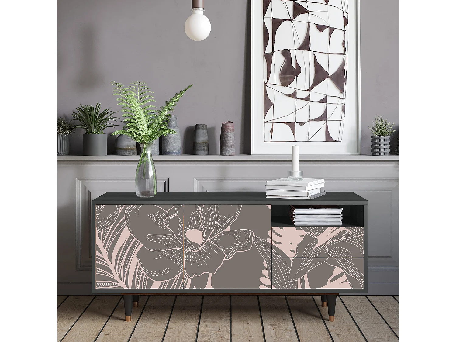 Meuble TV - 125х56х41 cm - T7 - Issabelline Flower, Anthracite