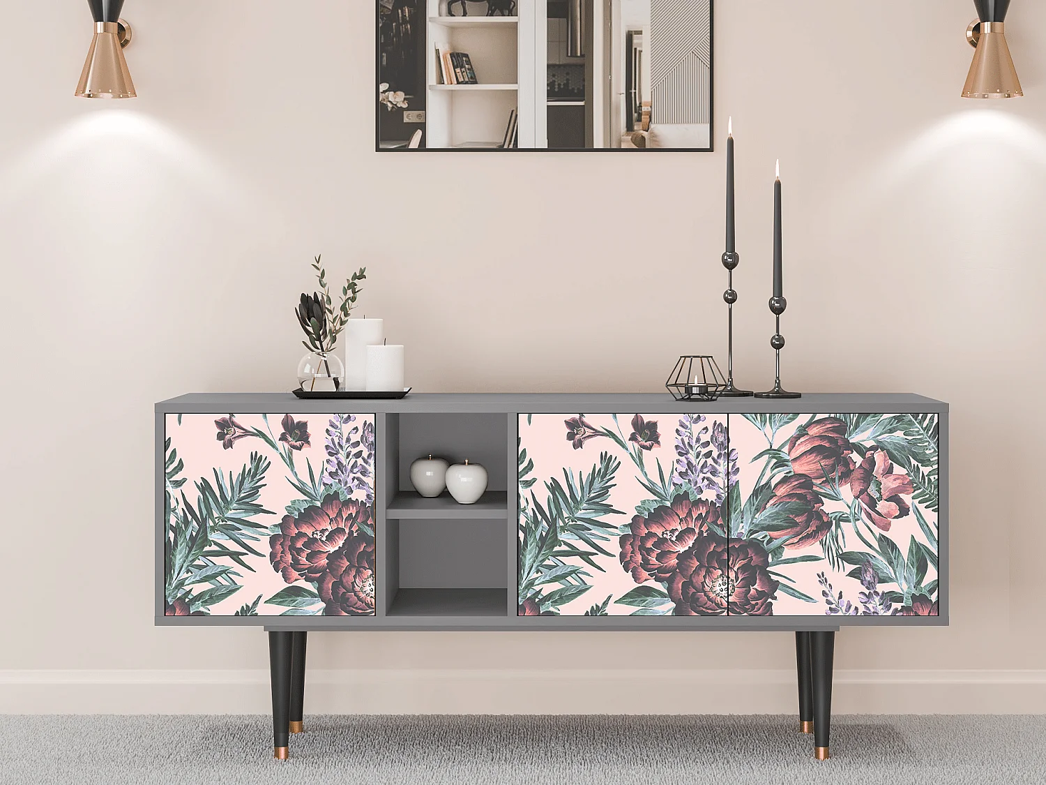 Meuble TV - 150х69х41 cm - T5 - Peach Peonies, Gris