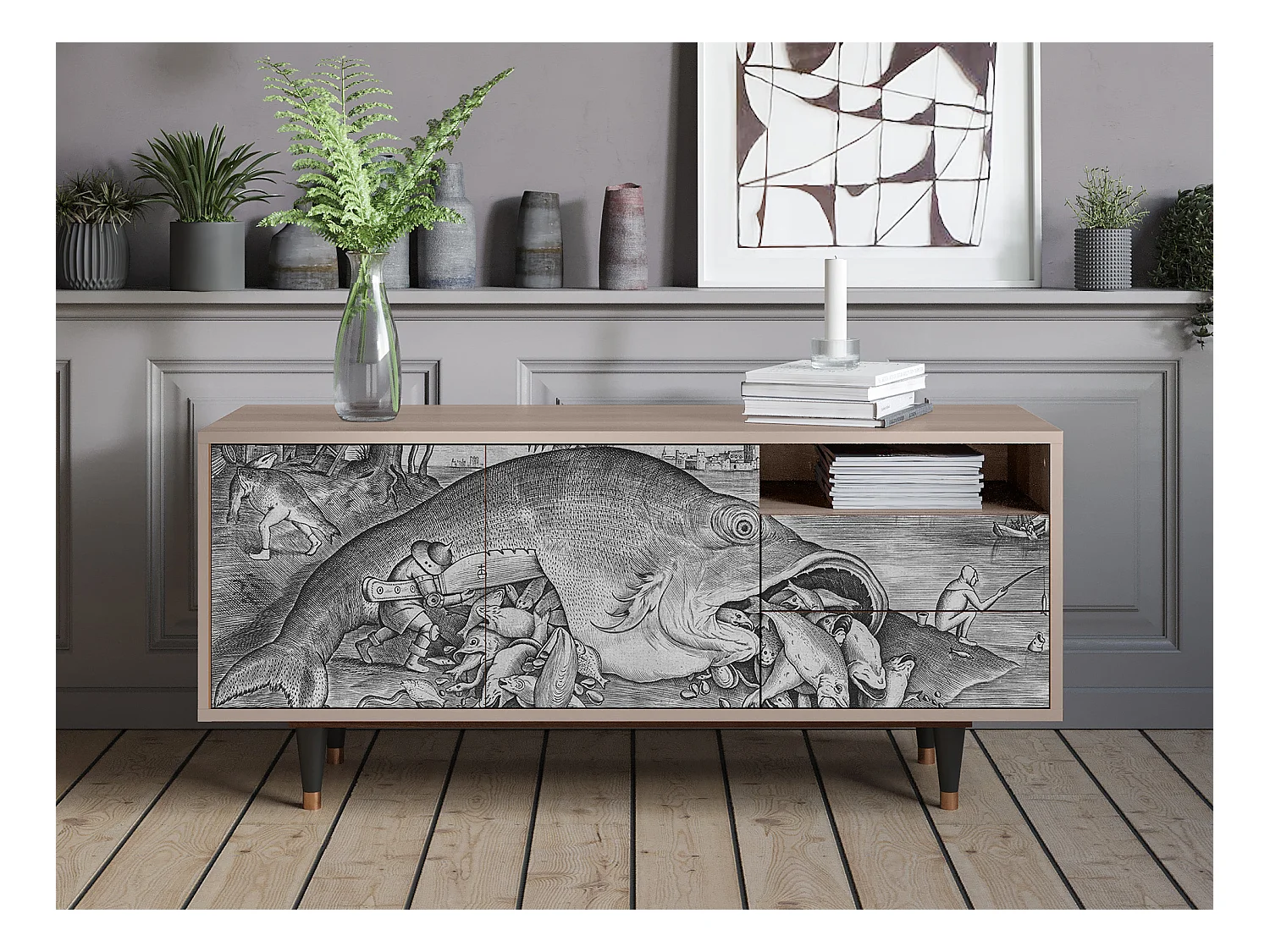 Szafka RTV - 125х56х41 cm - T7 - Big Fish Eat Little, Latte