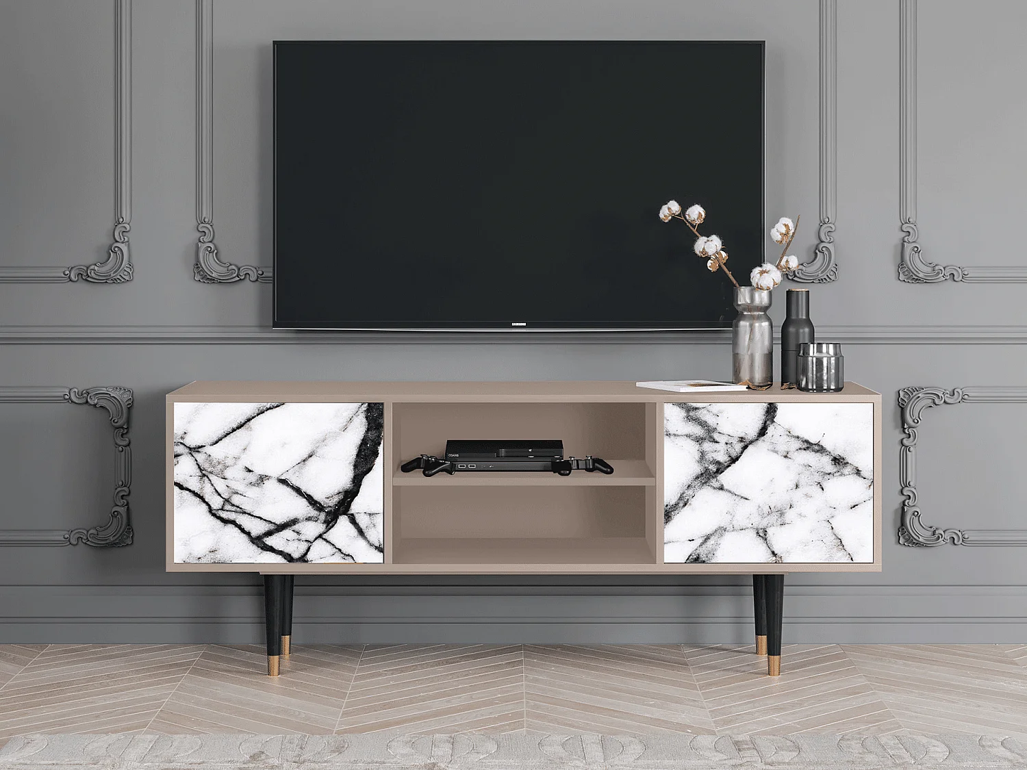 Szafka RTV - 170х69х48 cm - T2 - Raven Marble, Latte