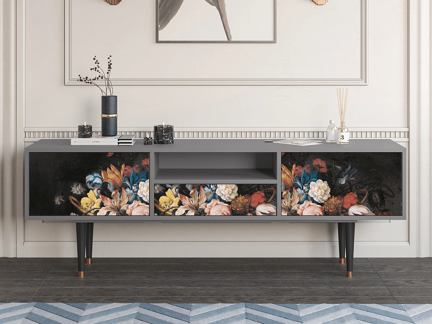 Meuble TV - 170х59х41 cm - T6 - Still Life with Flowers, Gris