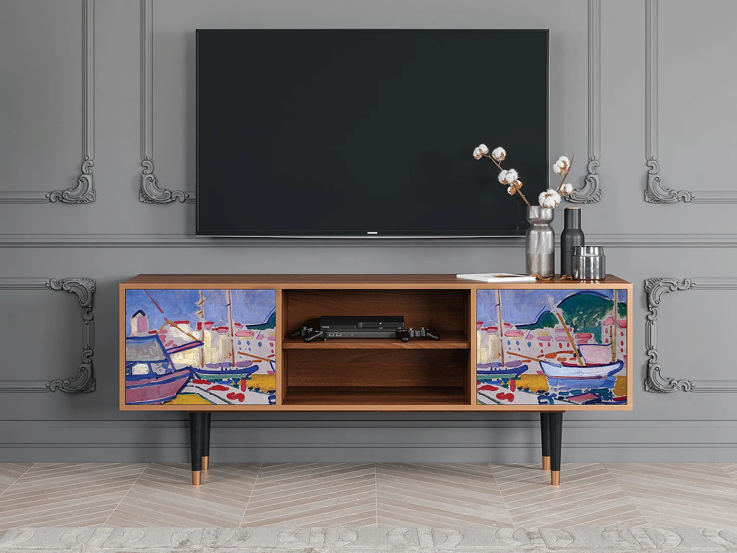 Szafka RTV - 170х69х48 cm - T2 - The Port of Collioure , Orzech