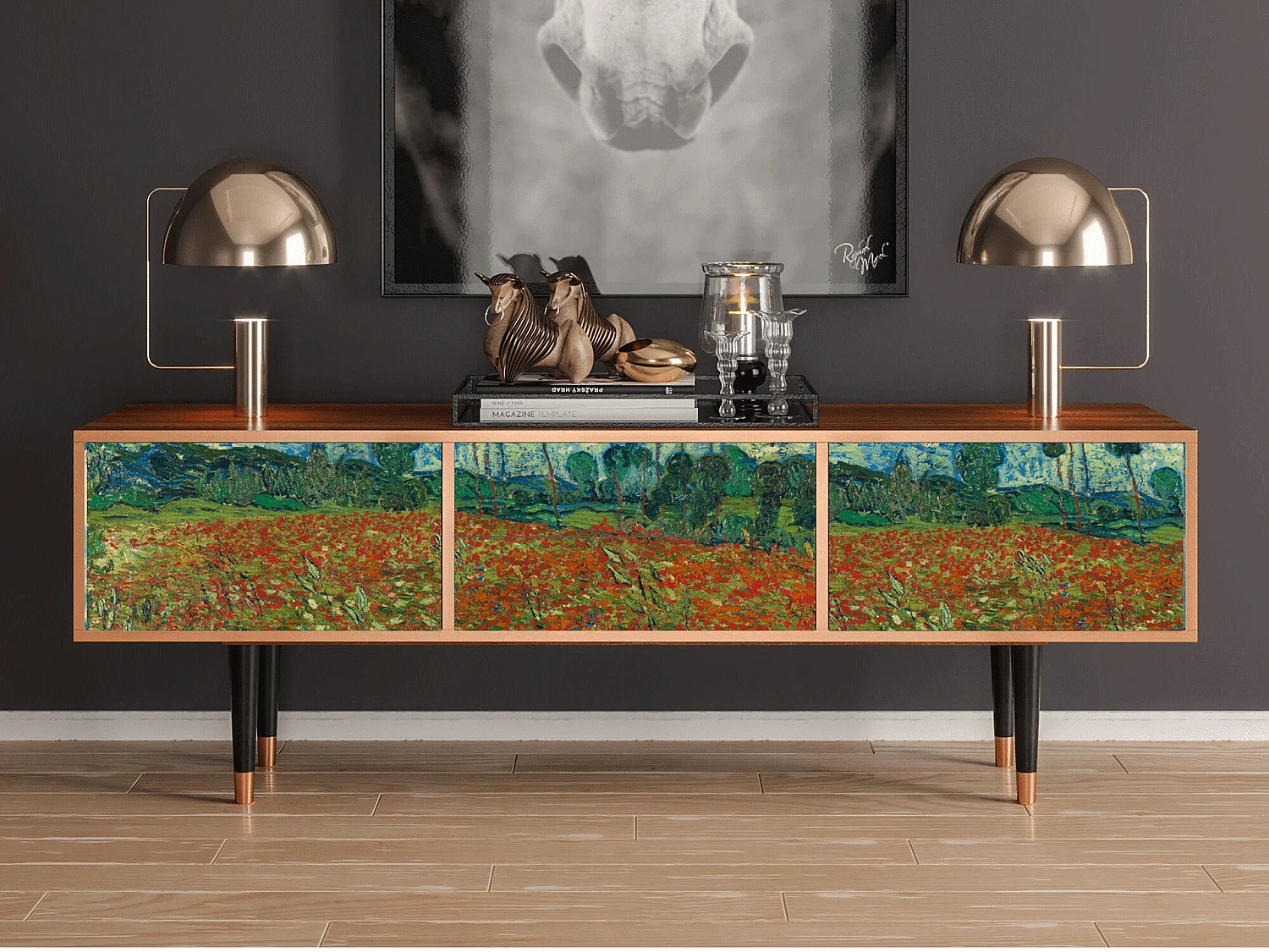 Szafka RTV - 170х59х48 cm - T4 - Poppy field by van Gogh, Orzech