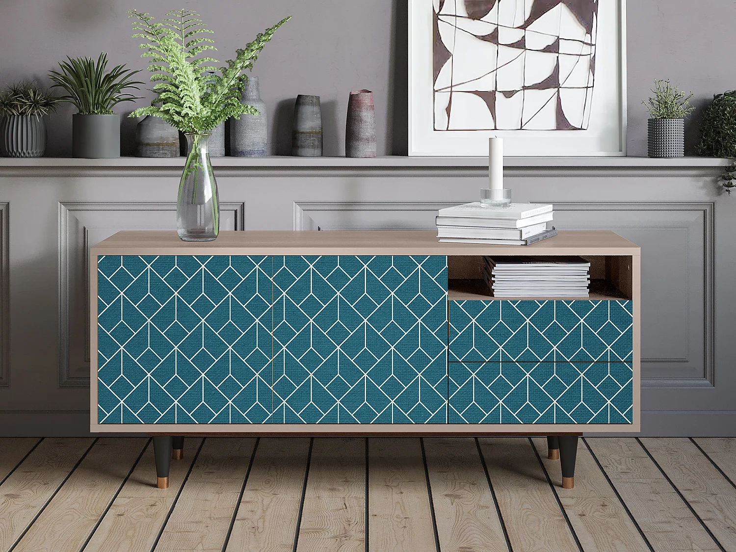 TV-meubel - 125х56х41 cm - T7 - Turquoise Geometry, Latte