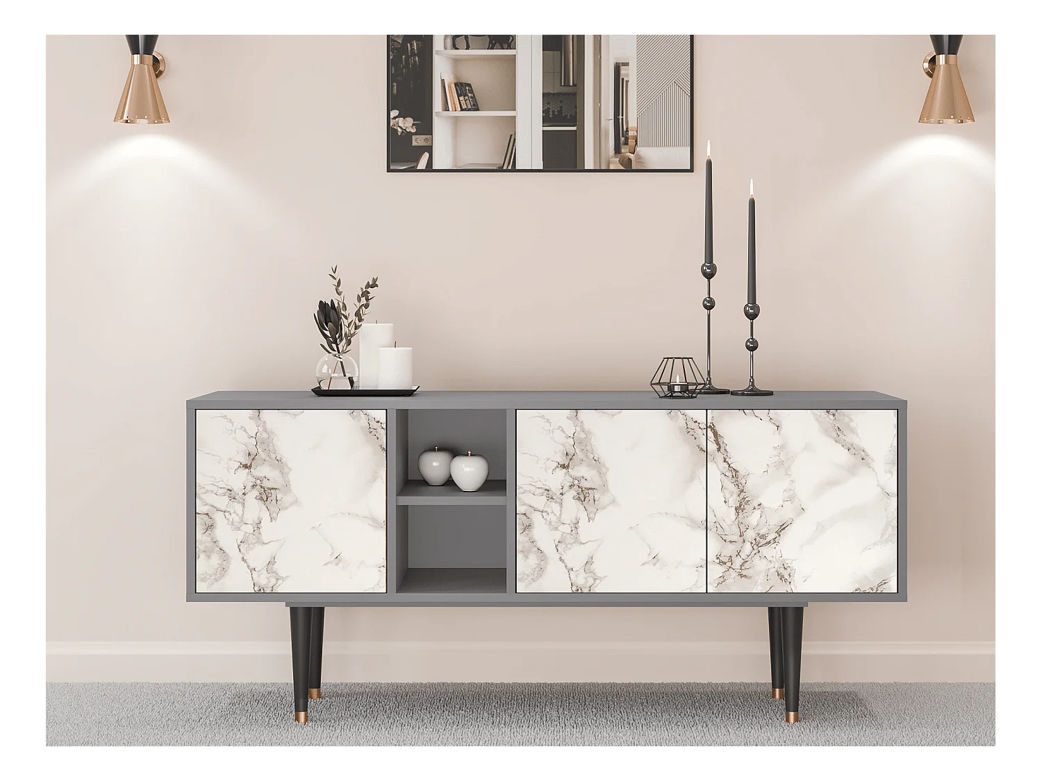 Meuble TV - 150х69х41 cm - T5 - Milk Marble, Gris