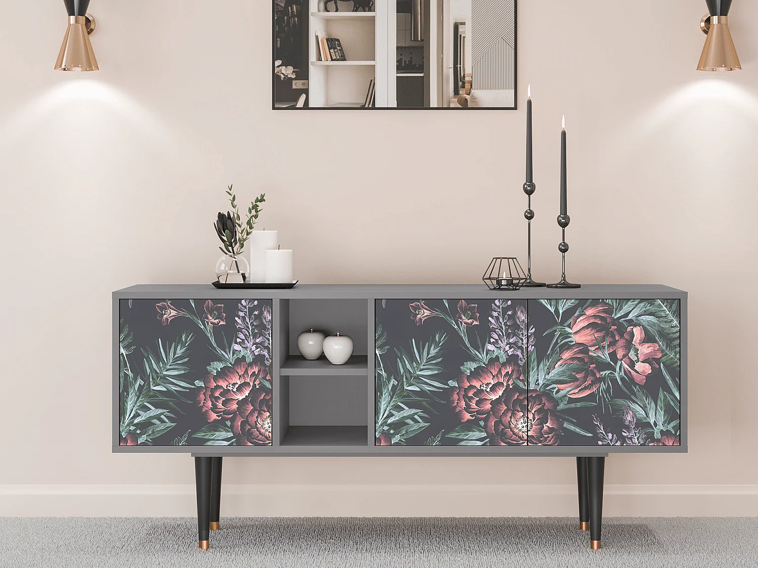 TV-Möbel - 150х69х41 cm - T5 - Dark Peonies, Grau