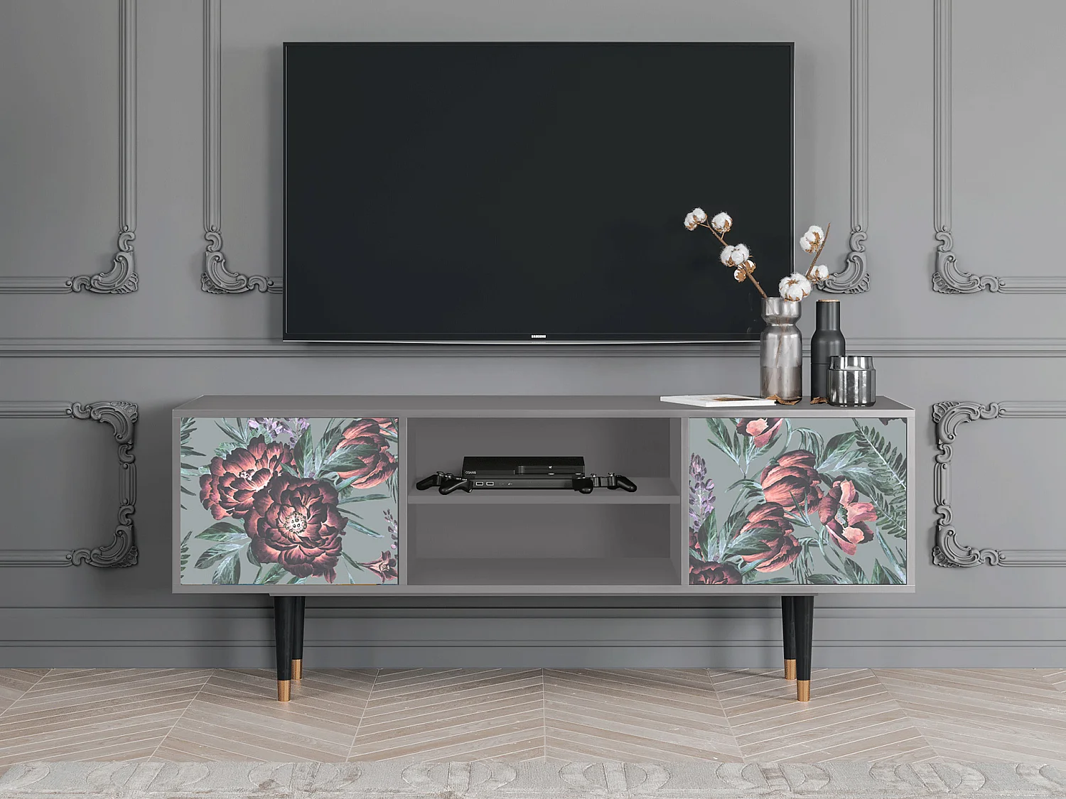 Mobile TV - 170х69х48 cm - T2 - Light Peonies, Grigio