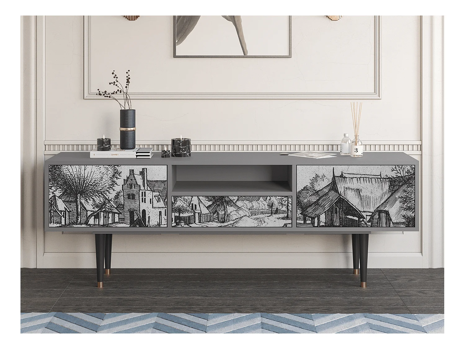 TV-Möbel - 170х59х41 cm - T6 - Country Village, Grau