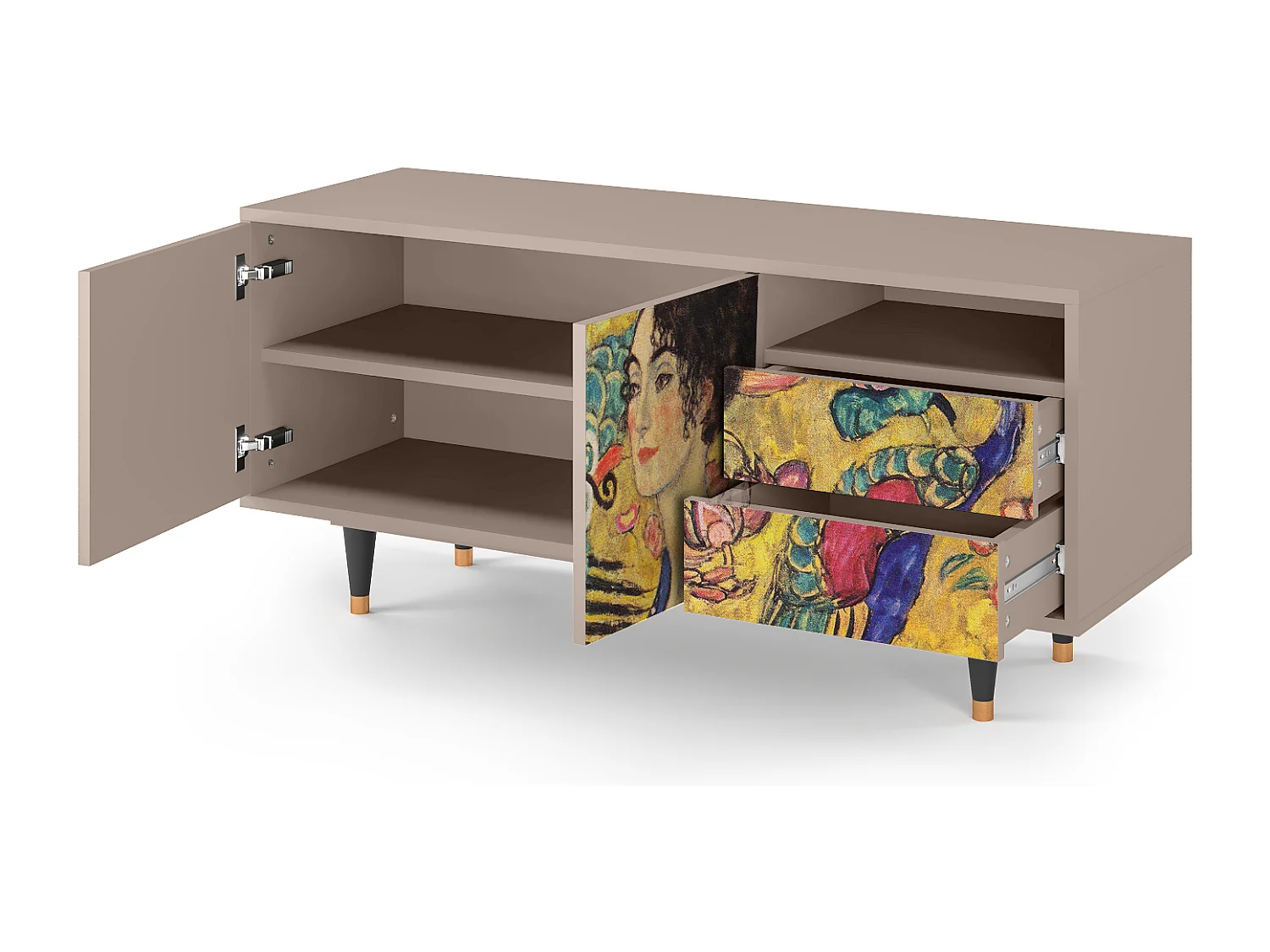 Szafka RTV - 125х56х41 cm - T7 - Lady with Fan by Klimt, Latte