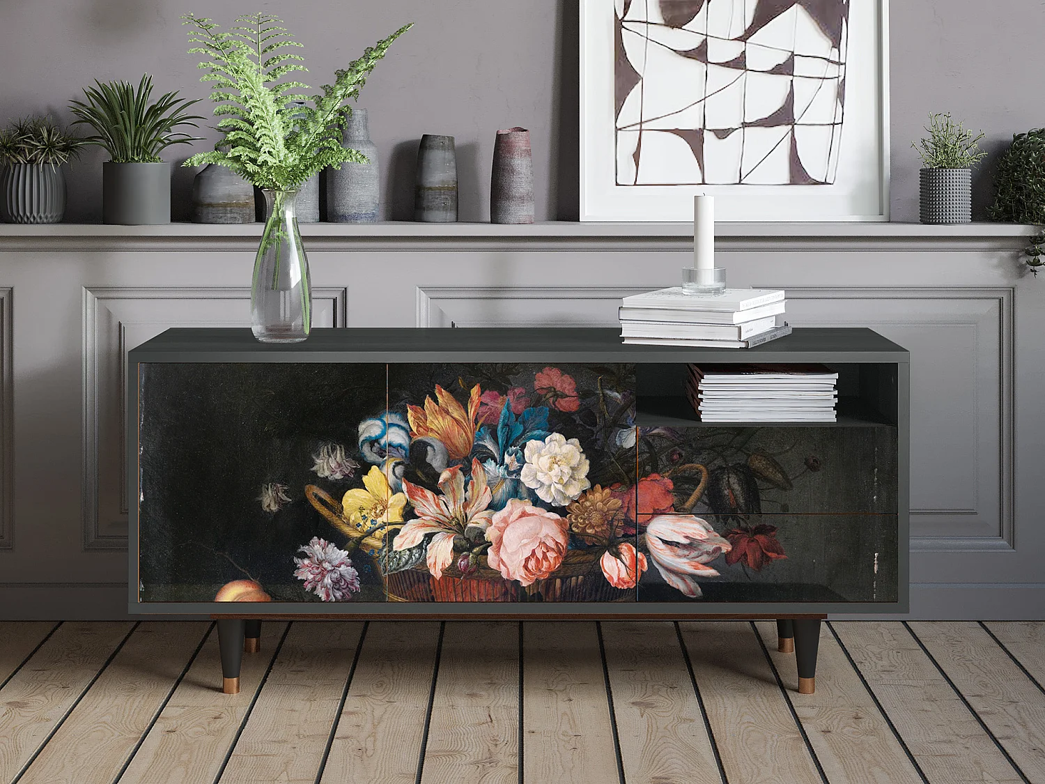 Meuble TV - 125х56х41 cm - T7 - Still Life with Flowers, Anthracite