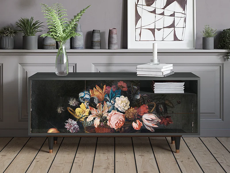 Mueble de TV - 125х56х41 cm - T7 - Still Life with Flowers, Antracite