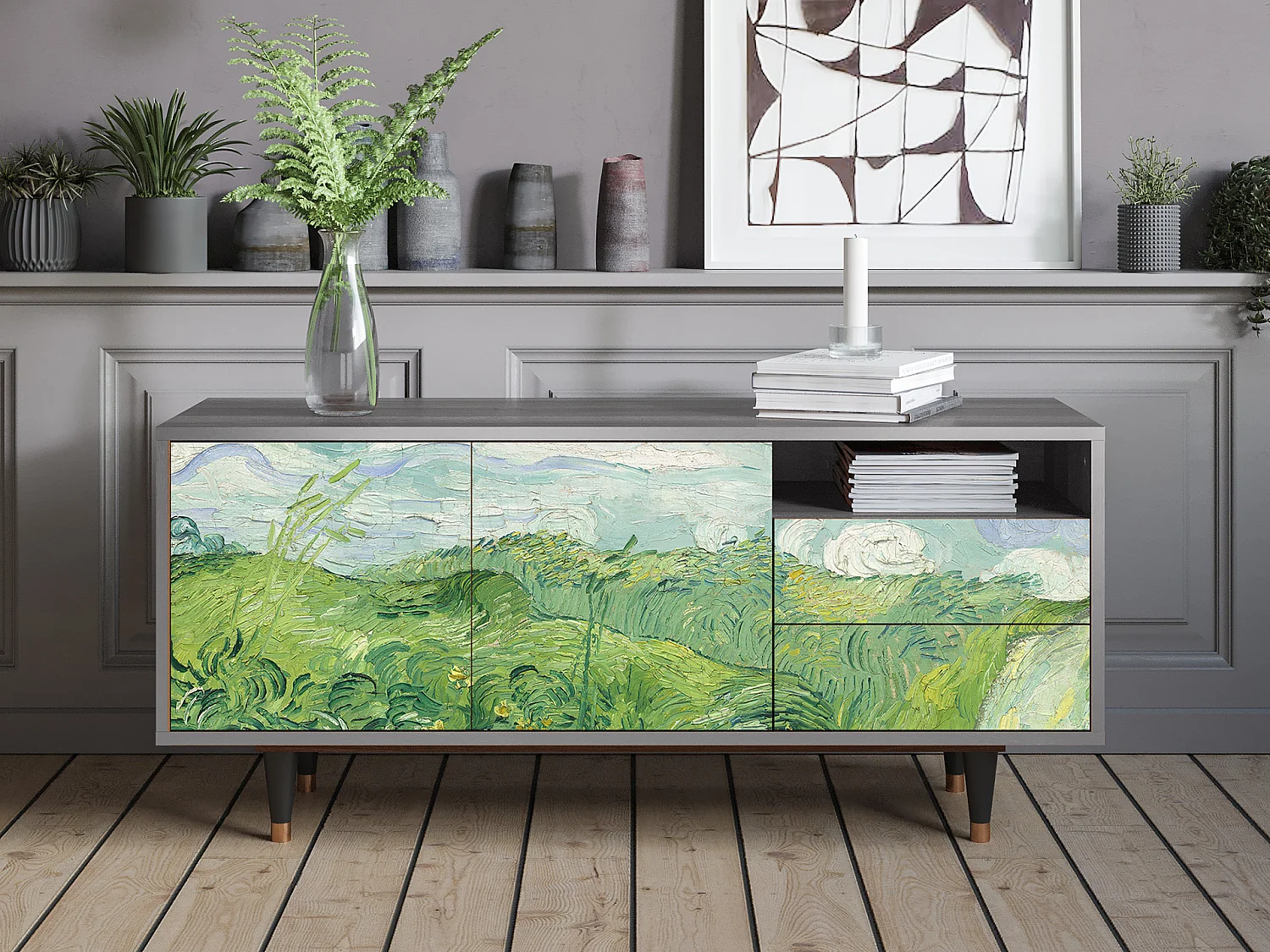 Meuble TV - 125х56х41 cm - T7 - Green Wheat Fields, Gris