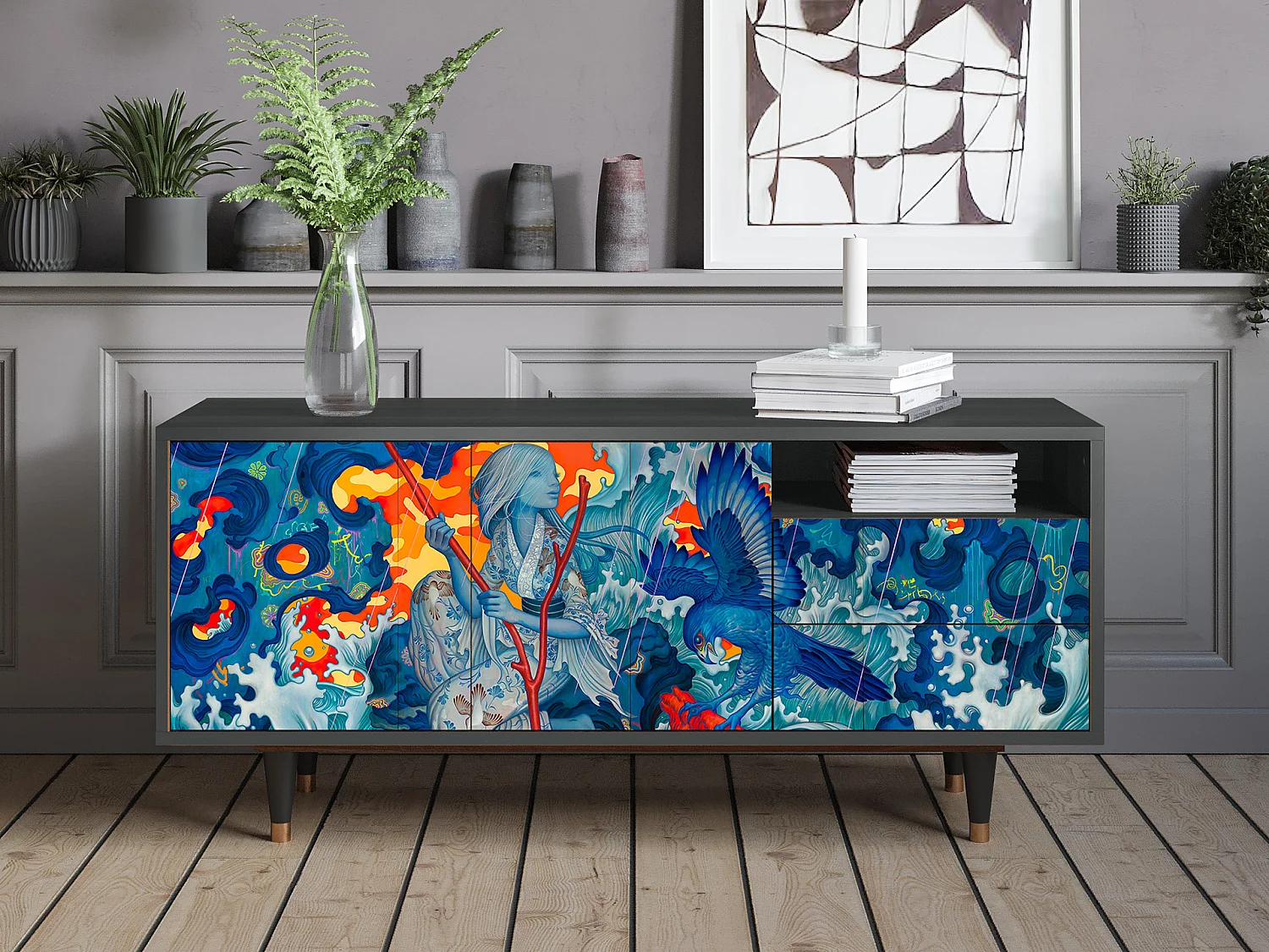 Meuble TV - 125х56х41 cm - T7 - The Girl - James Jean, Anthracite