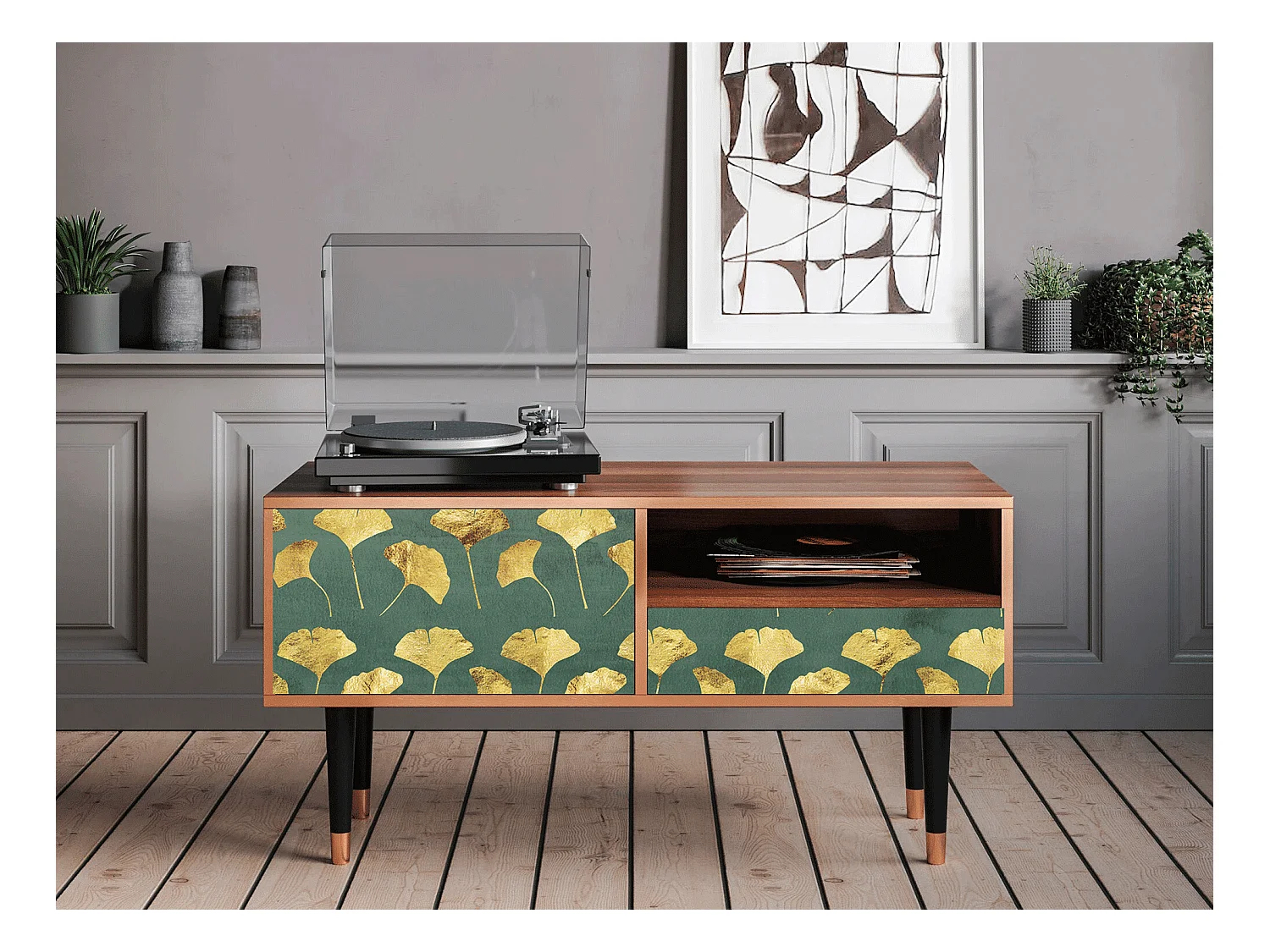Meuble TV - 115х59х48 cm - T3 - Gingko leaves, Noyer