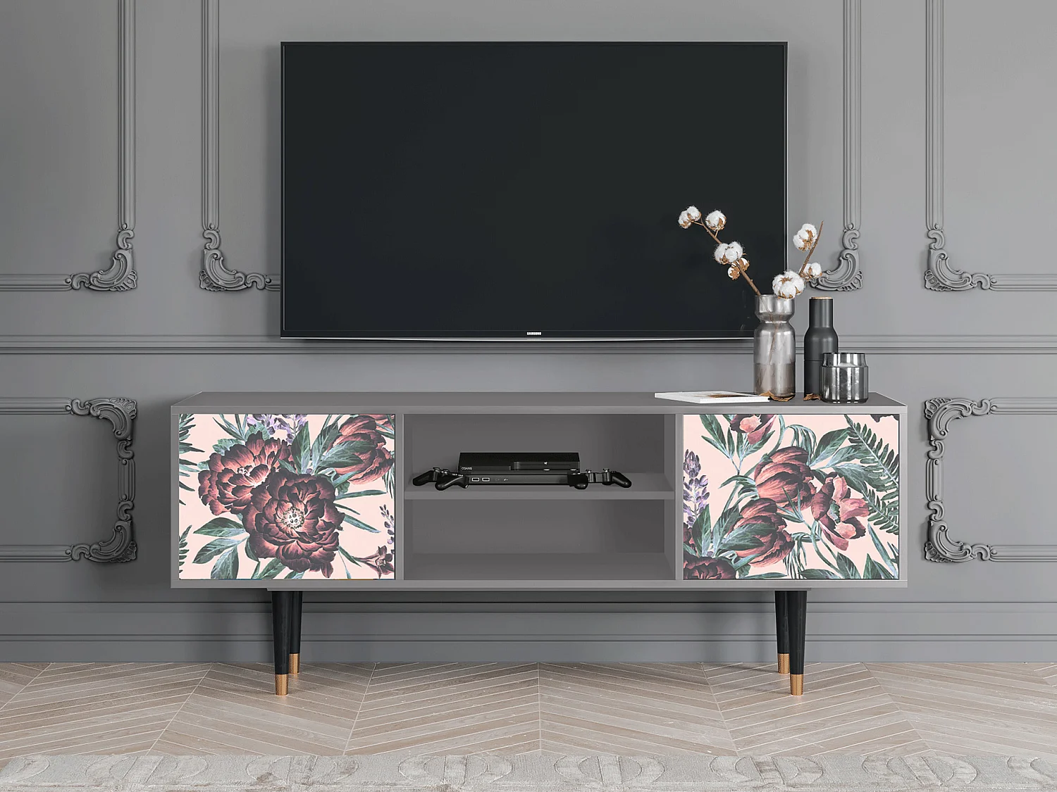 Szafka RTV - 170х69х48 cm - T2 - Peach Peonies, Szary