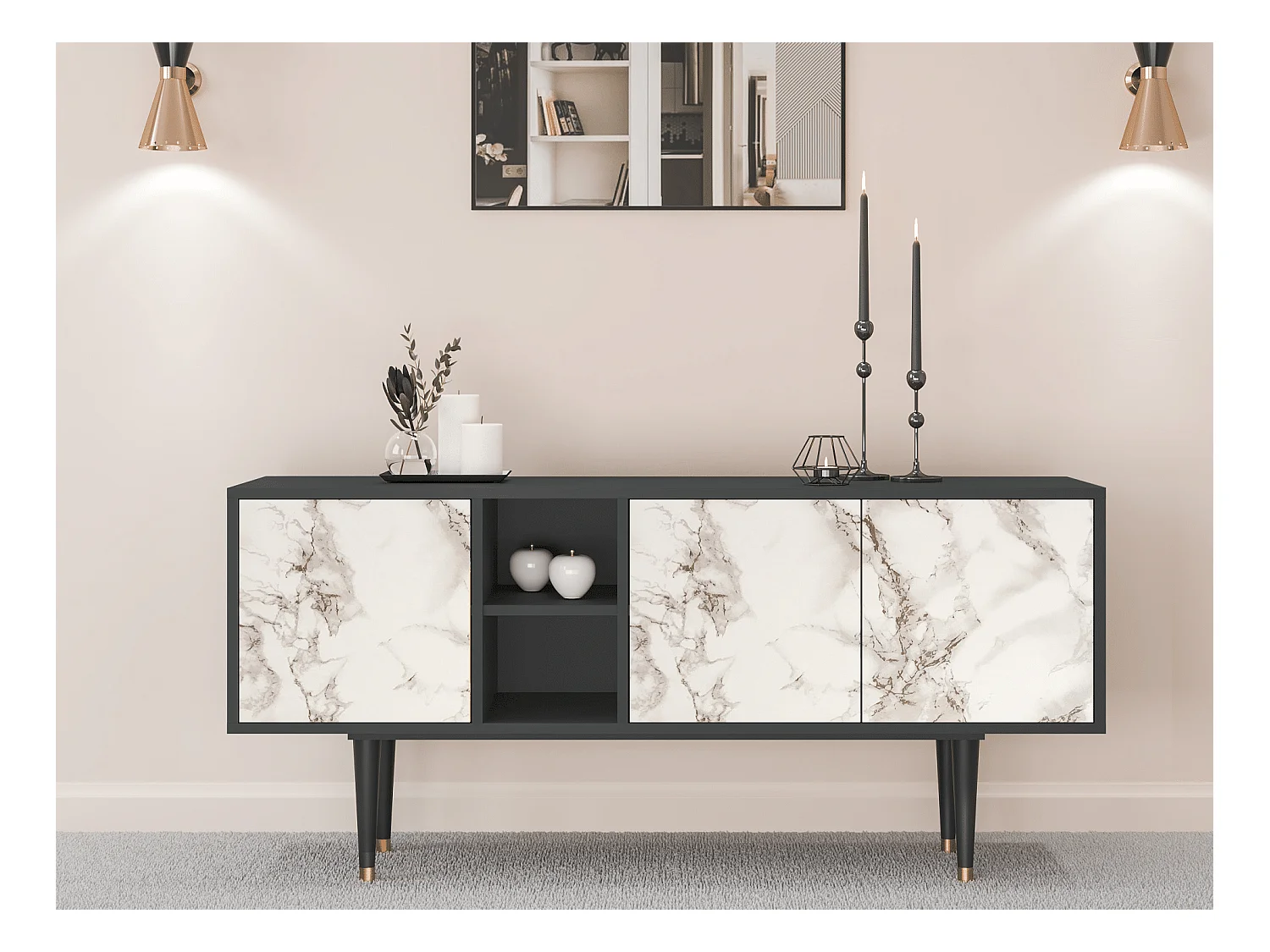 Meuble TV - 150х69х41 cm - T5 - Milk Marble, Anthracite