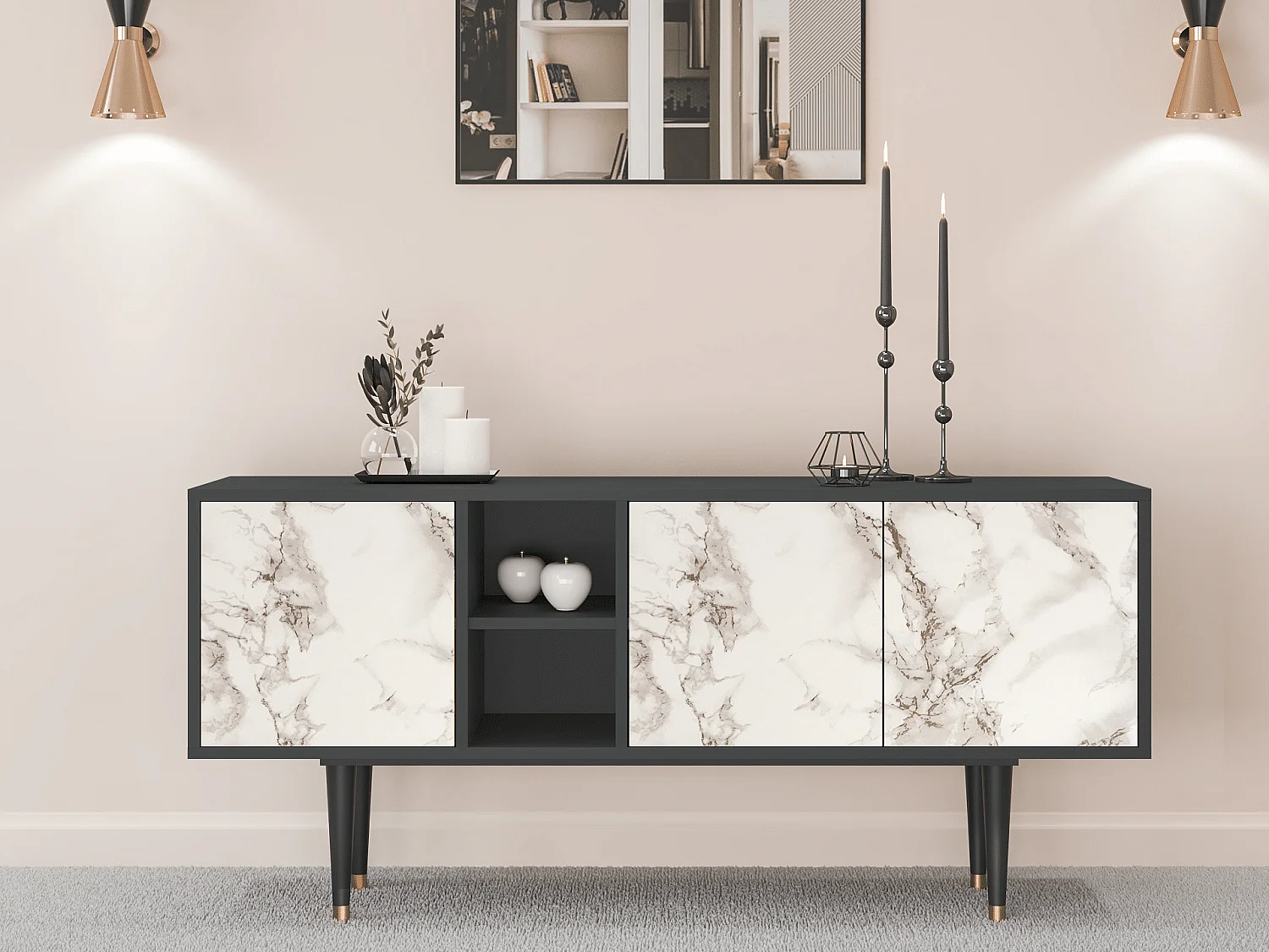 Mobile TV - 150х69х41 cm - T5 - Milk Marble, Antracite