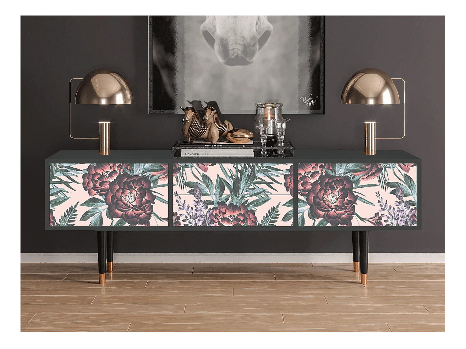 Meuble TV - 170х59х48 cm - T4 - Peach Peonies, Anthracite