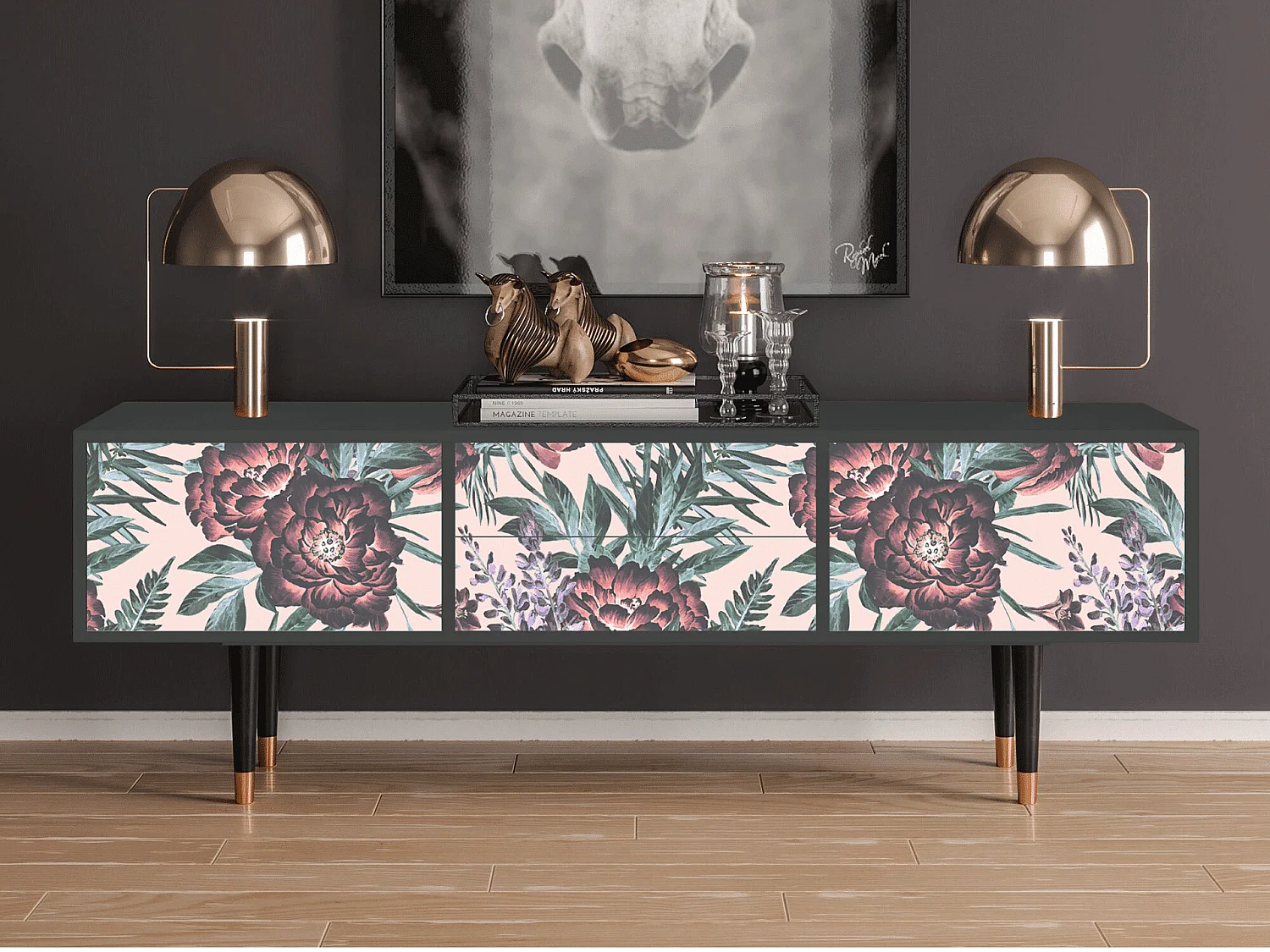 TV-meubel - 170х59х48 cm - T4 - Peach Peonies, Antraciet