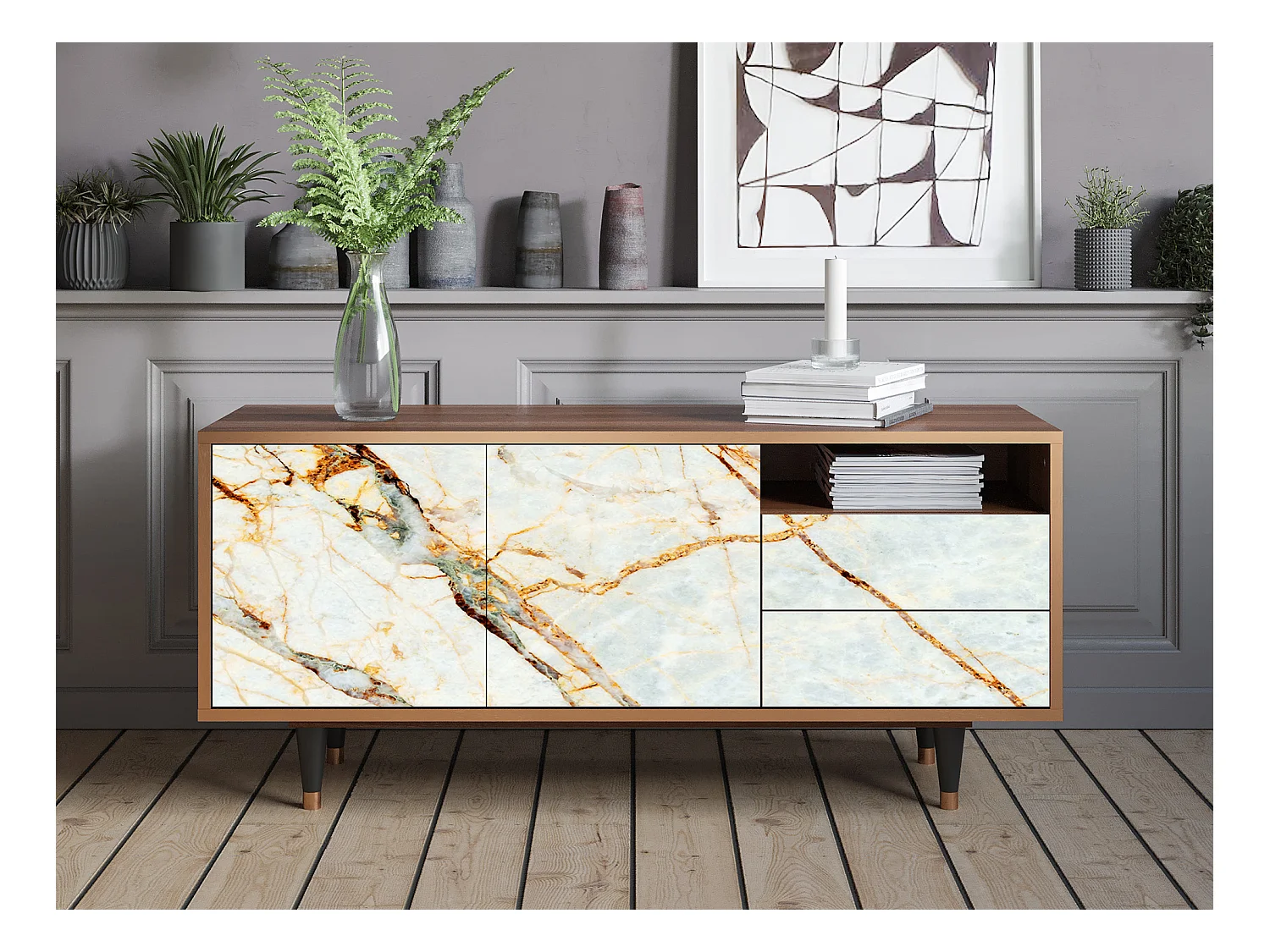 Meuble TV - 125х56х41 cm - T7 - Sabley Marble, Noyer