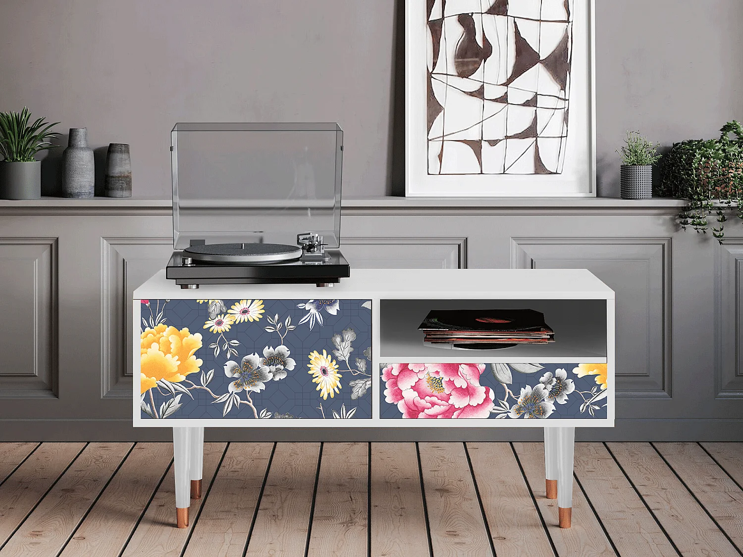 Szafka RTV - 115х59х48 cm - T3 - Dark Flower Bed, Biały