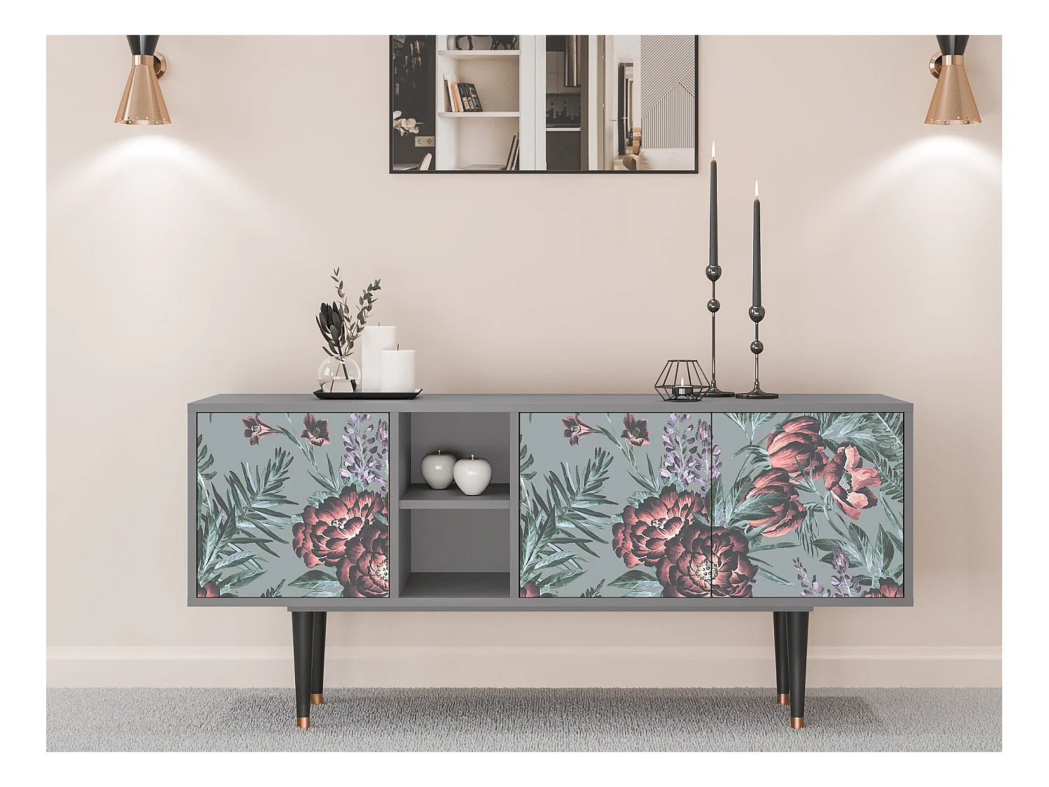 TV-Möbel - 150х69х41 cm - T5 - Light Peonies, Grau