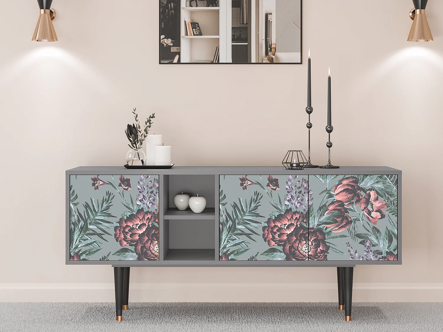 TV-meubel - 150х69х41 cm - T5 - Light Peonies, Grijs