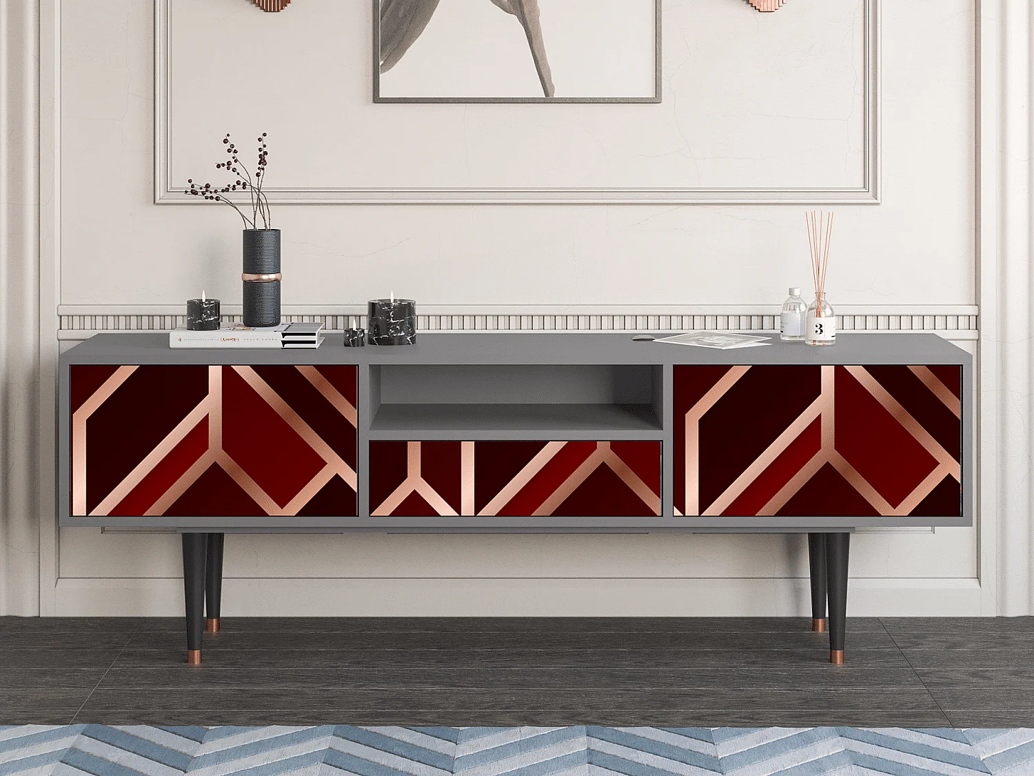 Meuble TV - 170х59х41 cm - T6 - Velvet 1920's, Gris