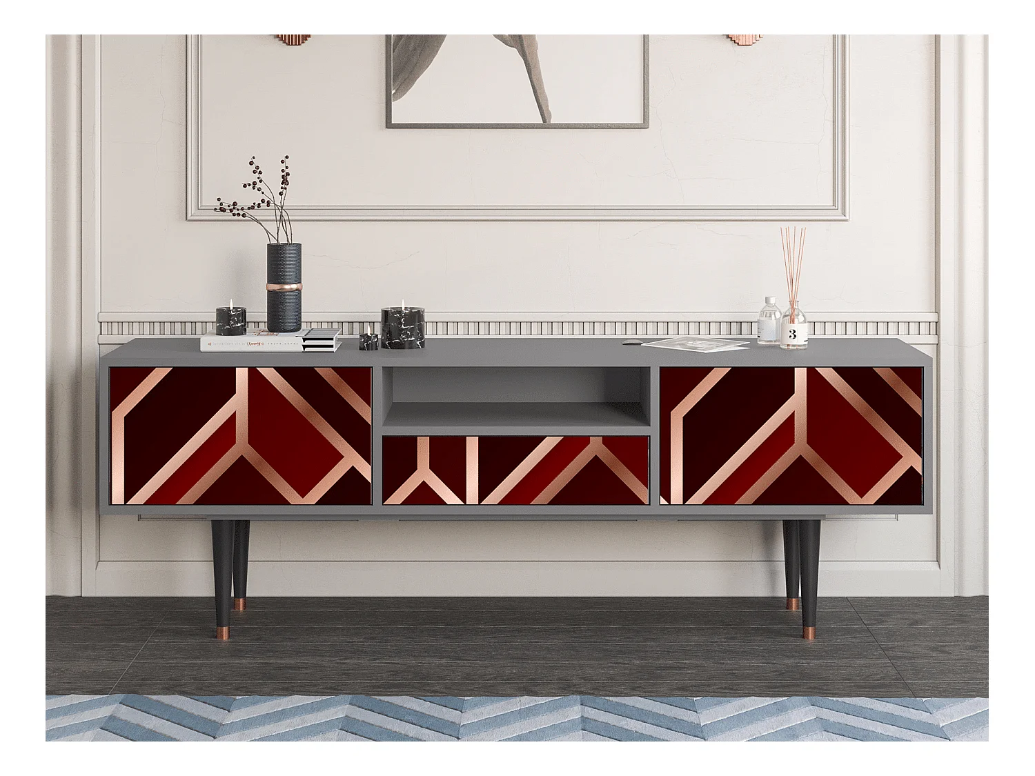 Meuble TV - 170х59х41 cm - T6 - Velvet 1920's, Gris