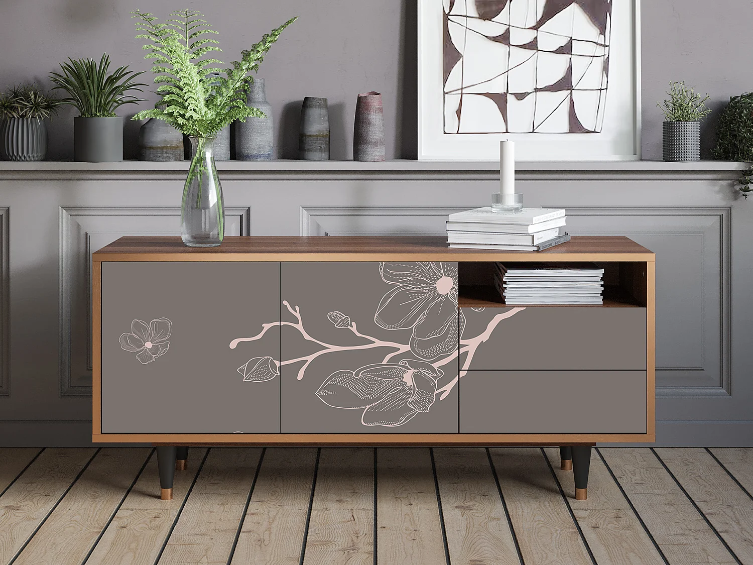 Mueble de TV - 125х56х41 cm - T7 - Cherry Blossom, Nogal