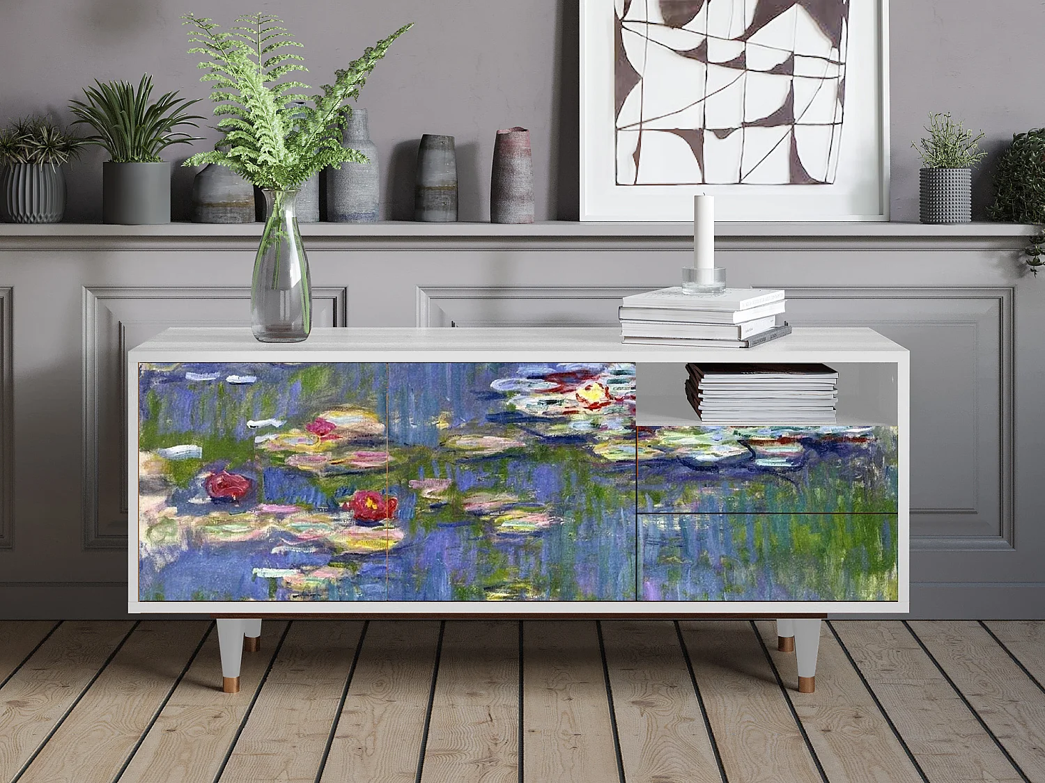 Meuble TV - 125х56х41 cm - T7 - The water lily pond  , Blanc