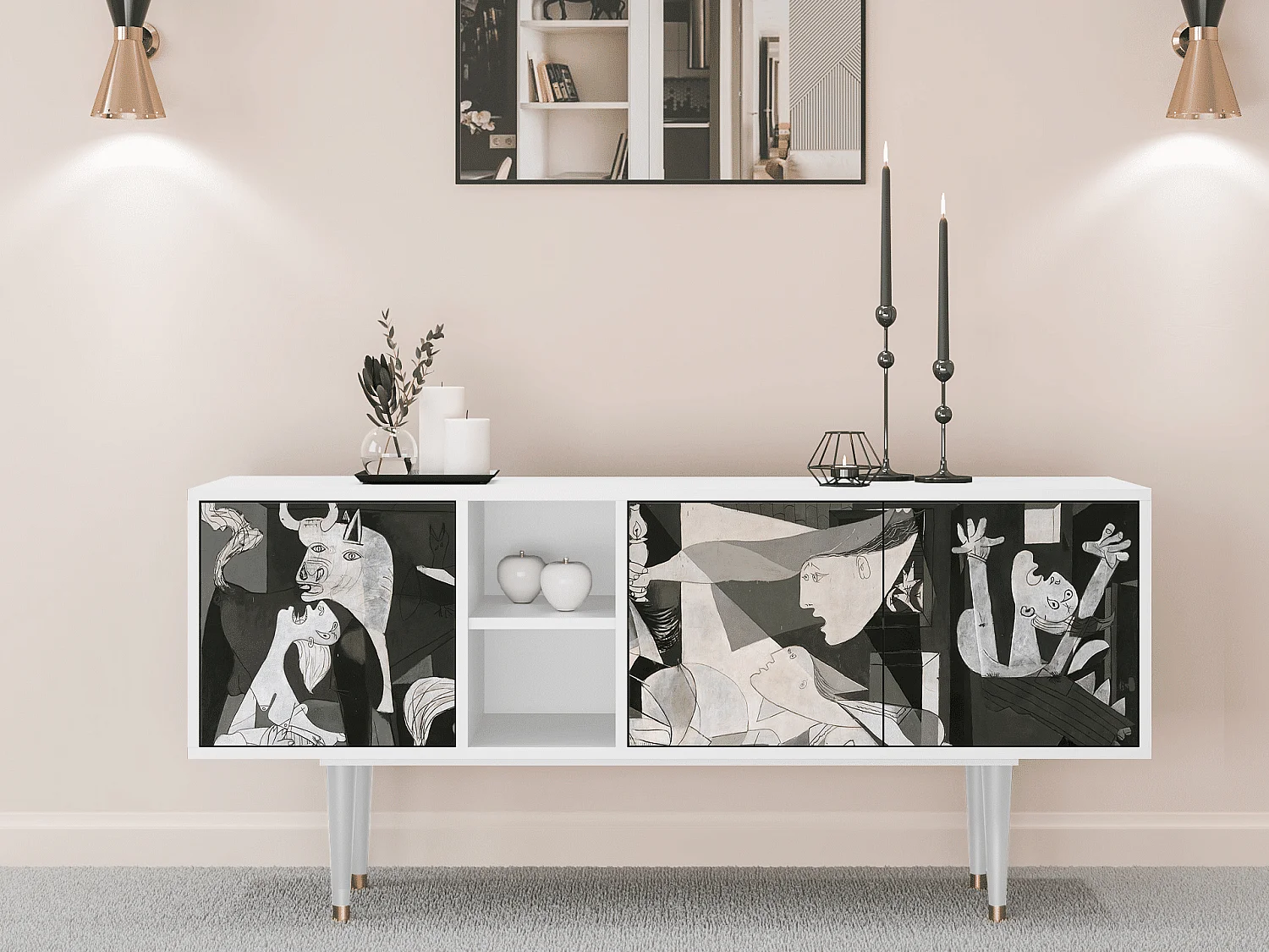 Mueble de TV - 150х69х41 cm - T5 - Guernica by Picasso, Blanco