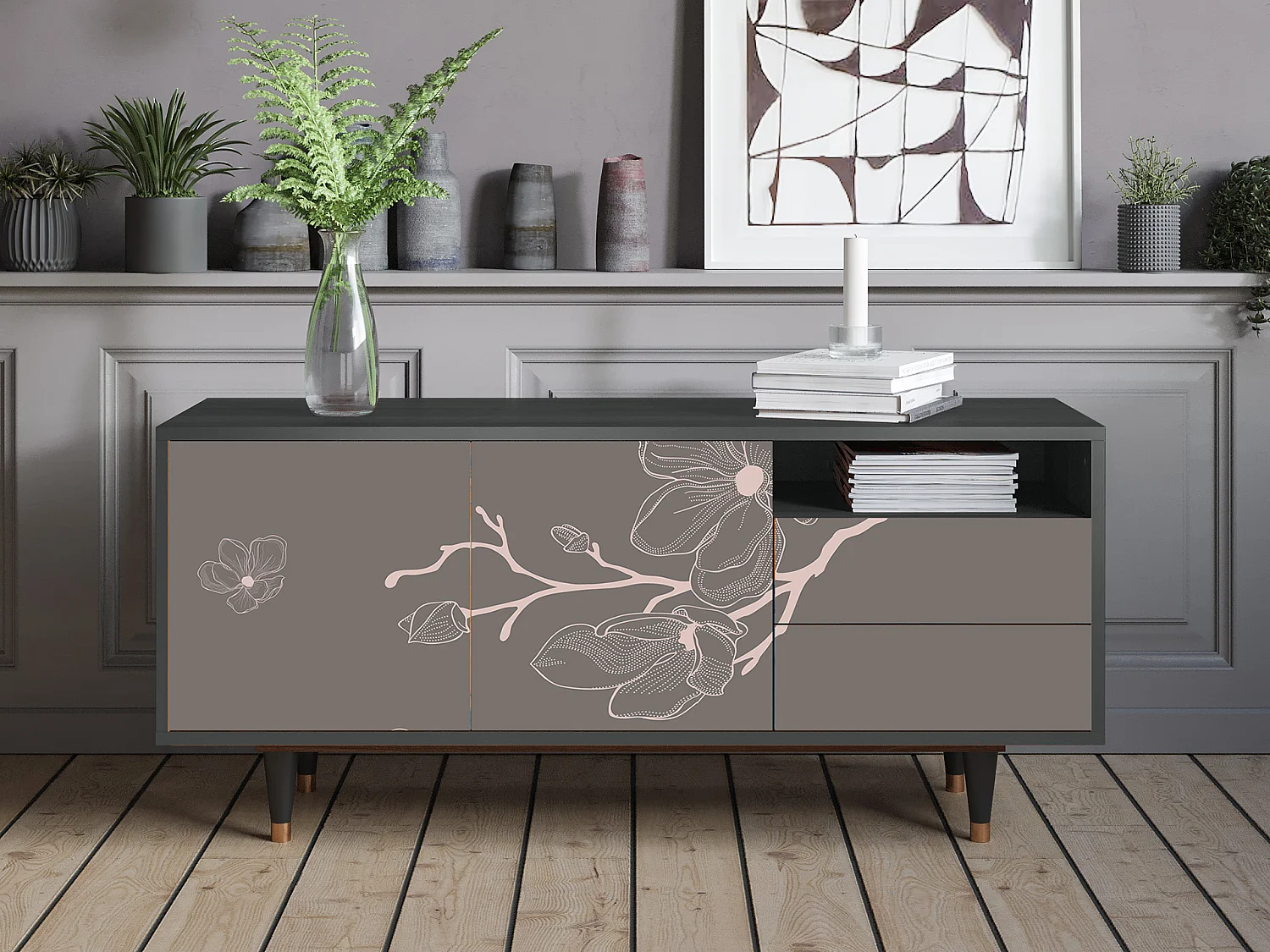 Mueble de TV - 125х56х41 cm - T7 - Cherry Blossom, Antracita