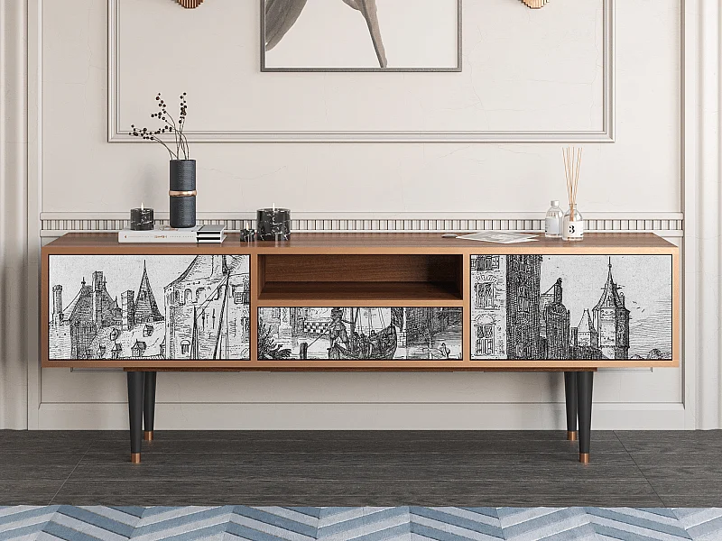 Meuble TV - 170х59х41 cm - T6 - Castle with Bridge, Noyer