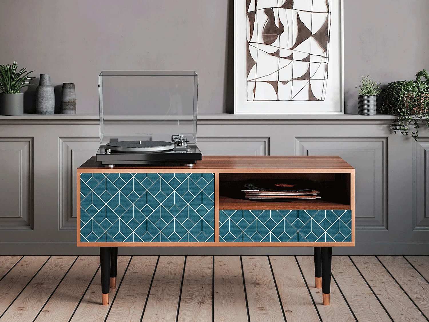 Meuble TV - 115х59х48 cm - T3 - Turquoise Geometry, Noyer