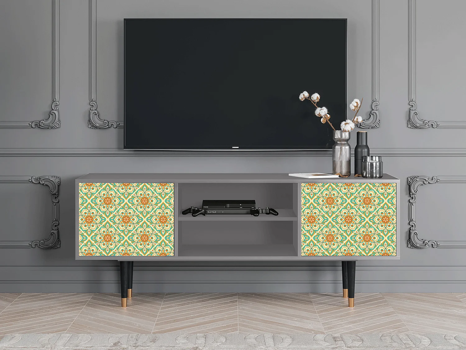 Meuble TV - 170х69х48 cm - T2 - Hindu Daisy, Gris