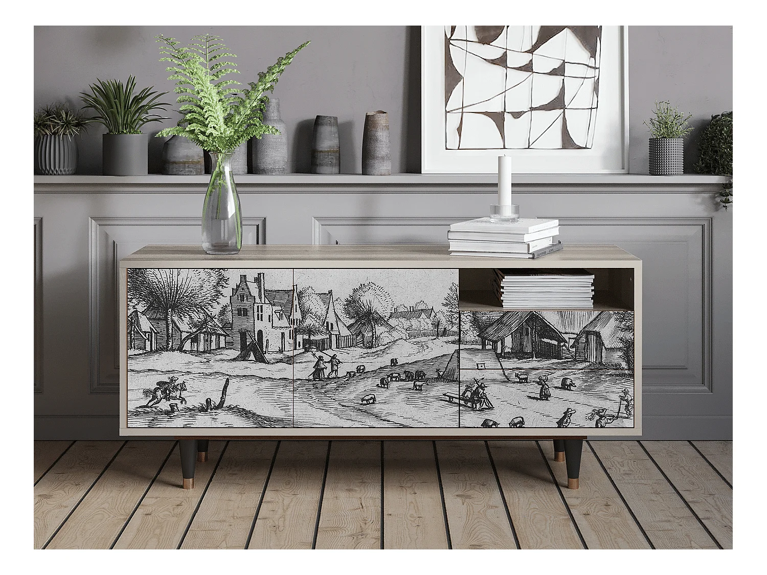 Szafka RTV - 125х56х41 cm - T7 - Country Village, Piaskowy