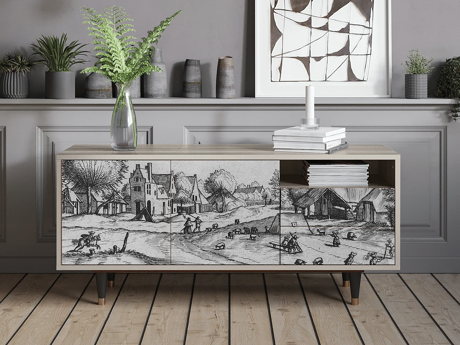 Szafka RTV - 125х56х41 cm - T7 - Country Village, Piaskowy