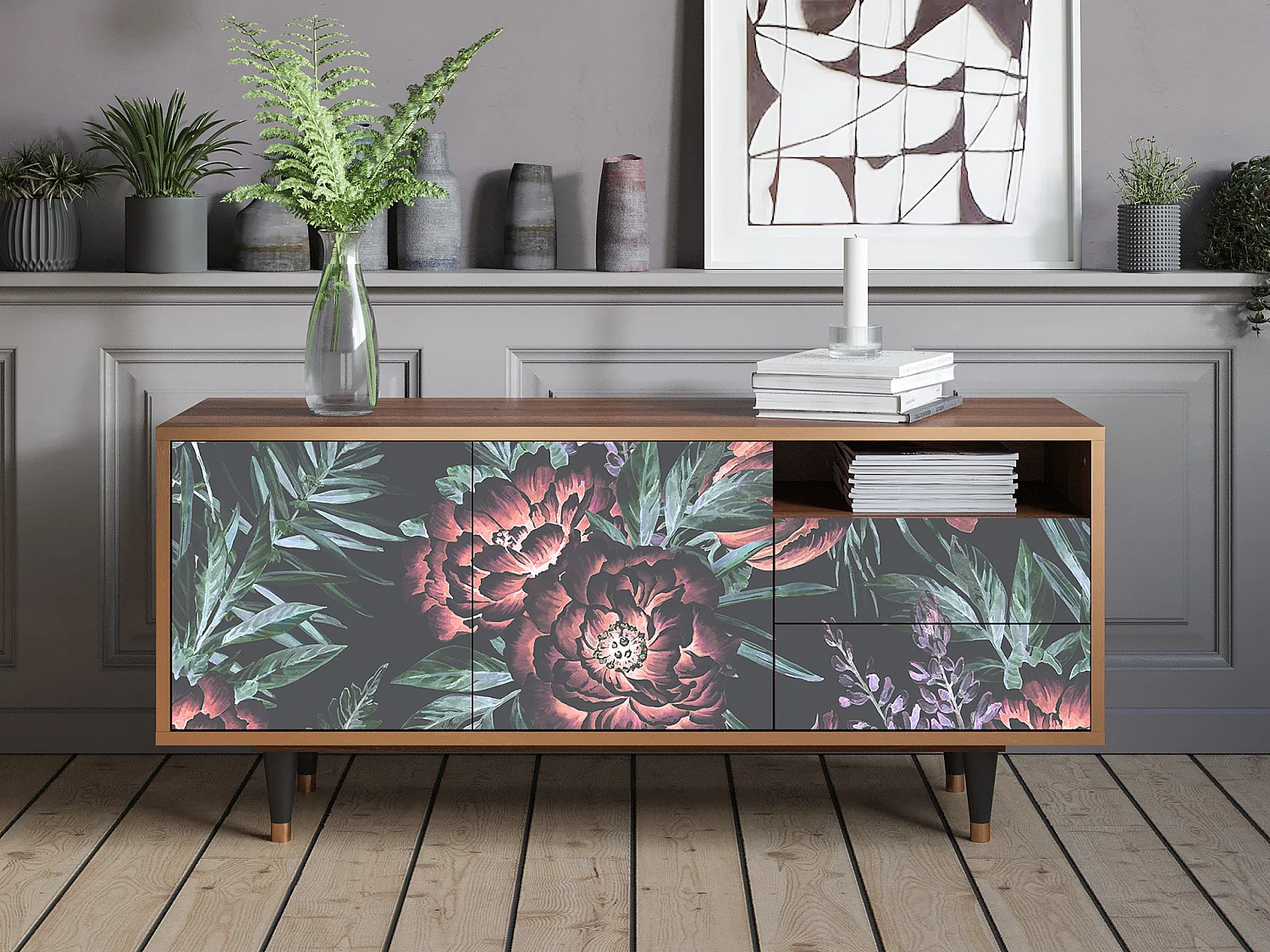 Meuble TV - 125х56х41 cm - T7 - Dark Peonies, Noyer