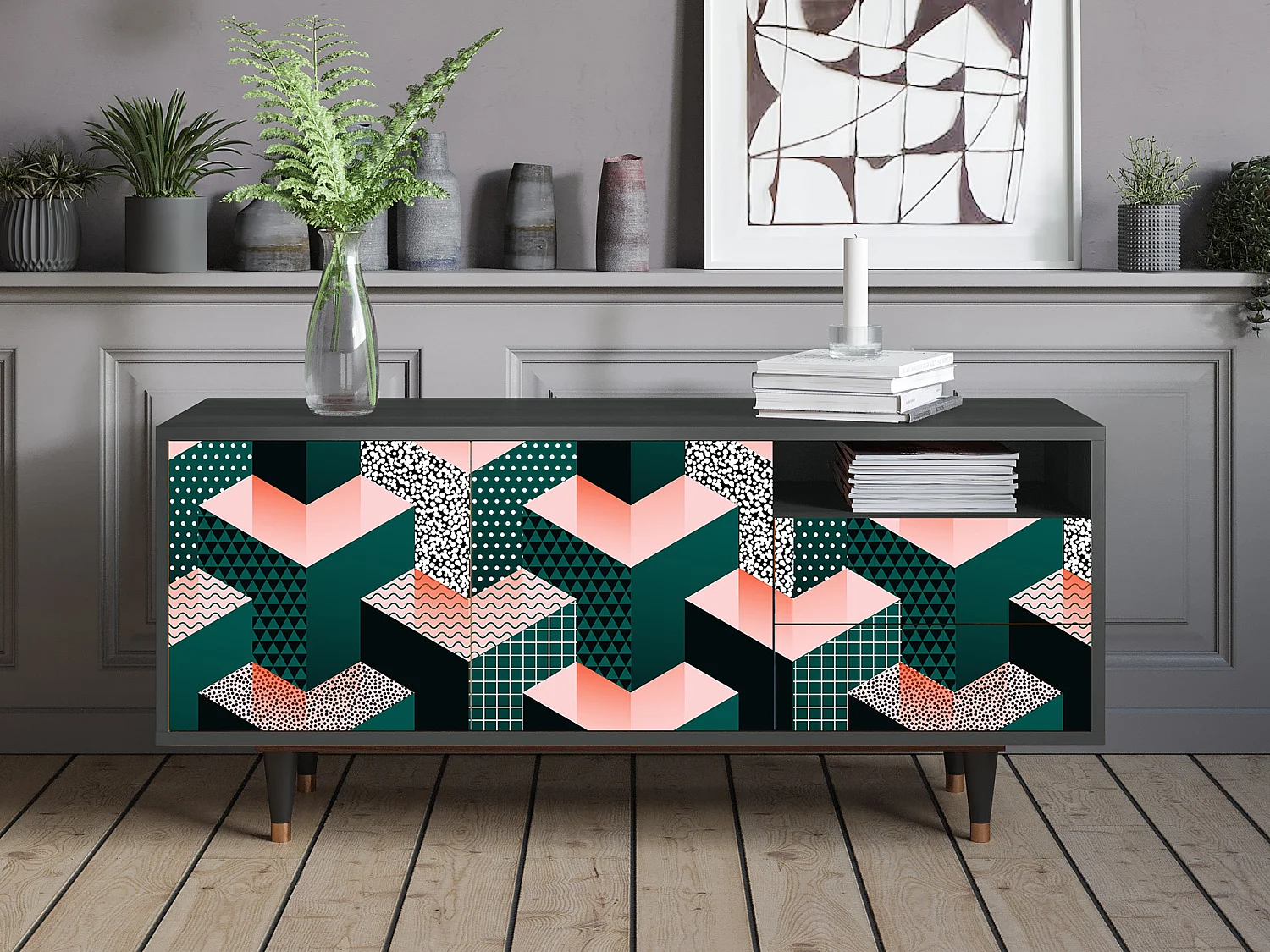 Meuble TV - 125х56х41 cm - T7 - Geometric Madness, Anthracite