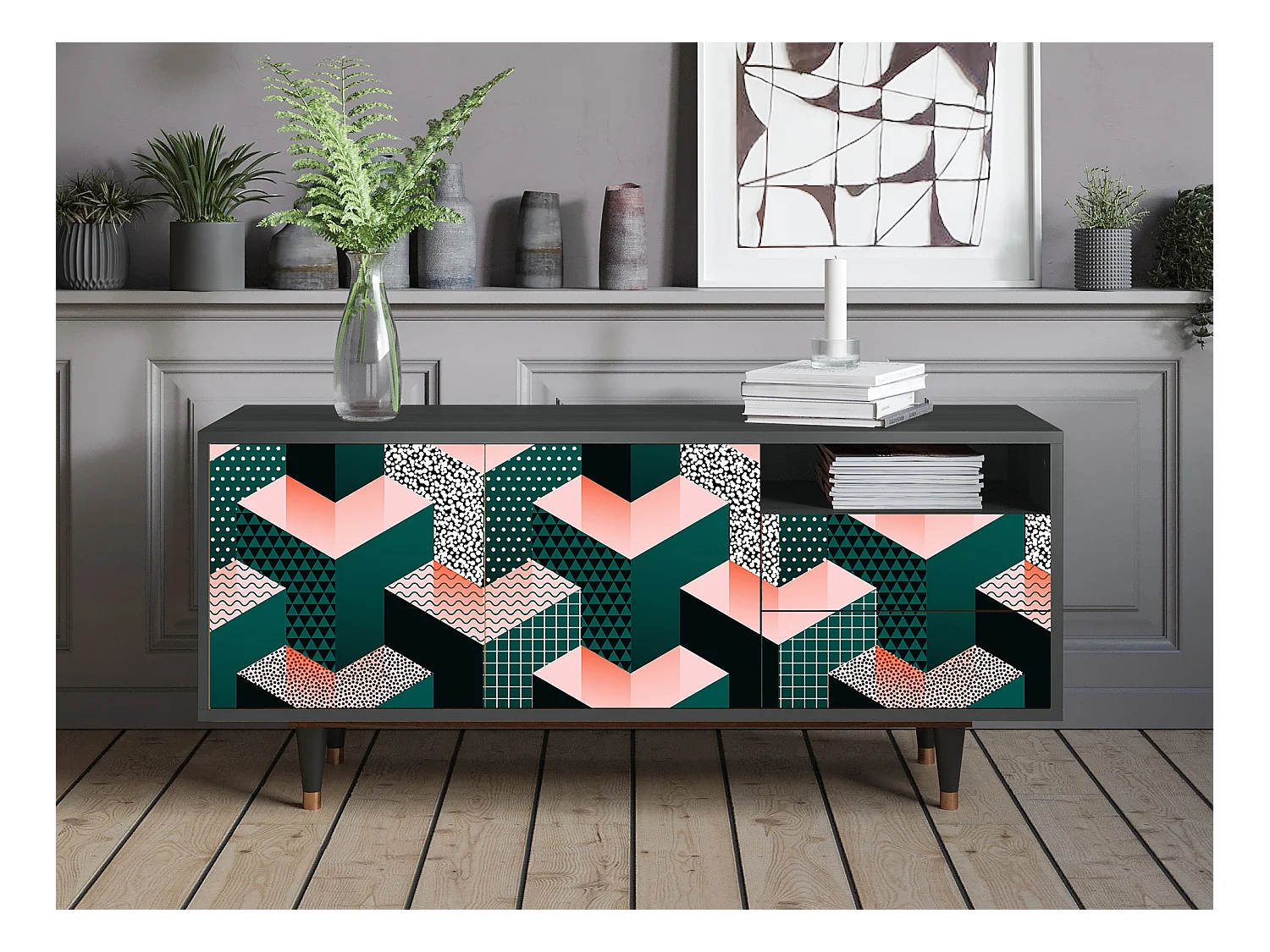 Meuble TV - 125х56х41 cm - T7 - Geometric Madness, Anthracite