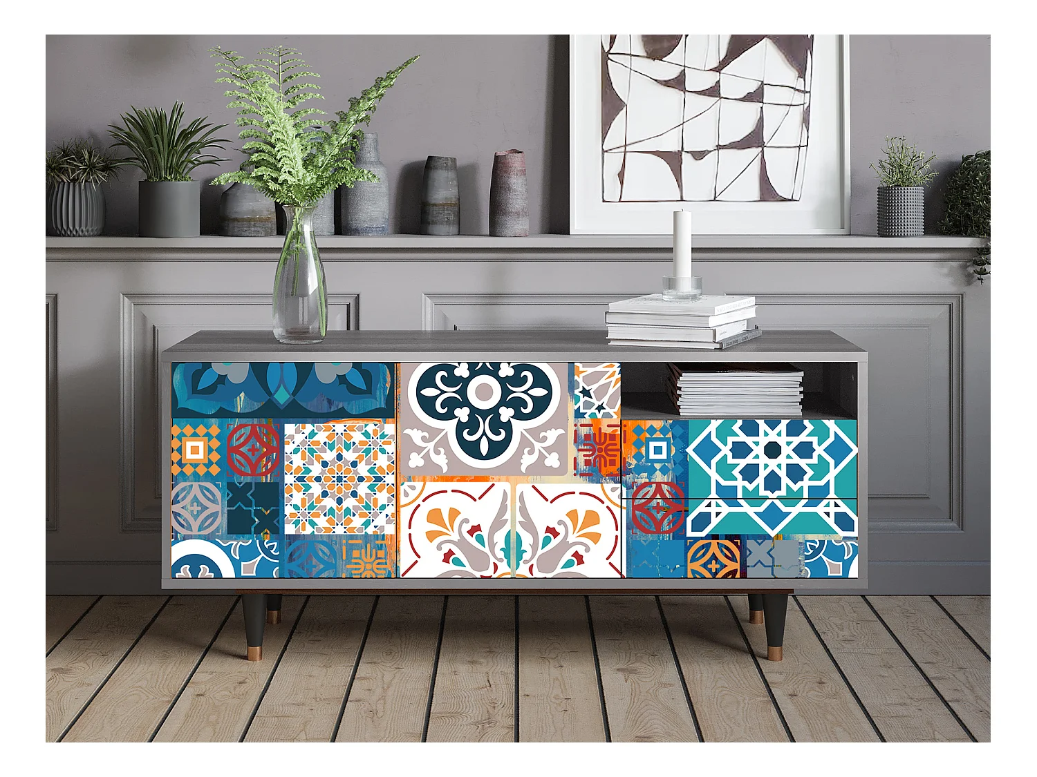 Meuble TV - 125х56х41 cm - T7 - Moroccan Market, Gris